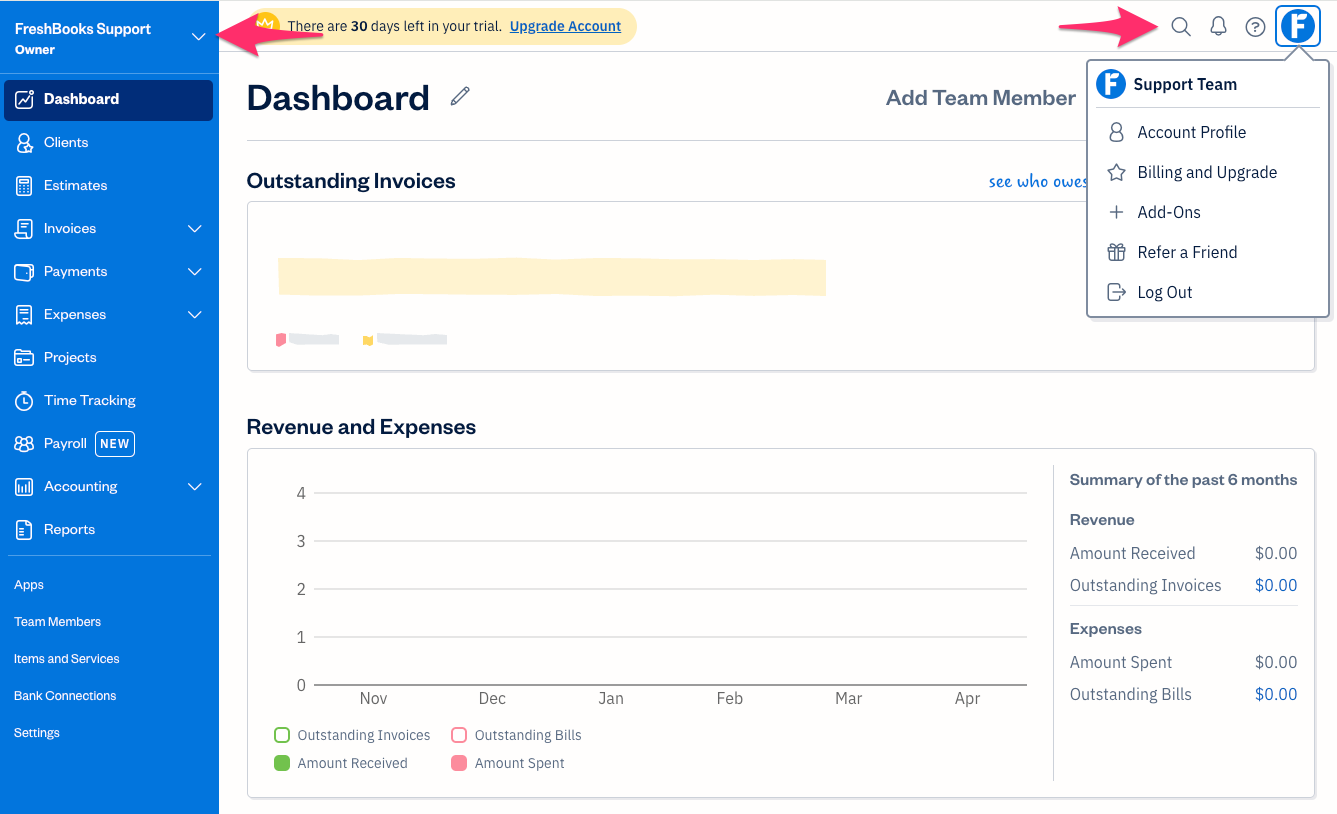 FreshBooks dashboard with invoices, expenses, and revenue