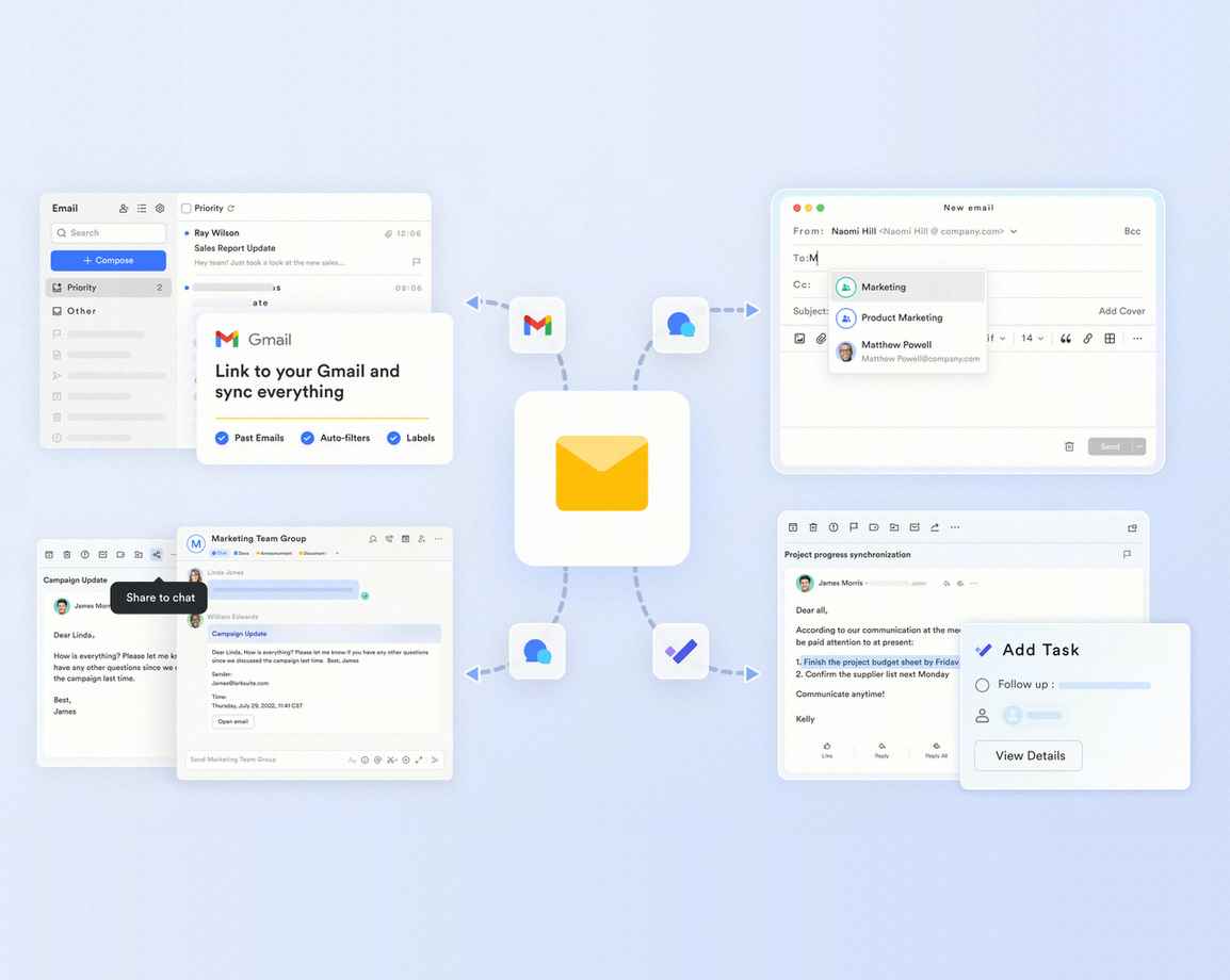 Lark natively embeds your business emails, instant chats, calendars, and tasks into a single workspace.
