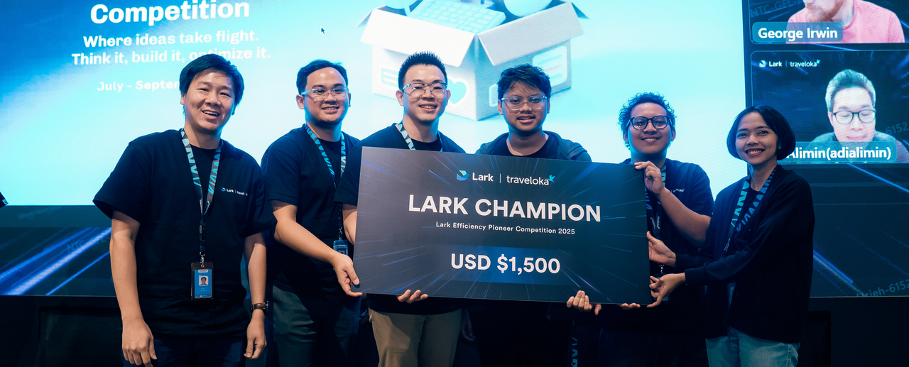 Winners of Lark Traveloka Efficiency Pioneer Competition 2025 holding Lark Champion prize check USD 1,500