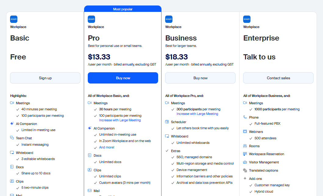 Zoom pricing plans