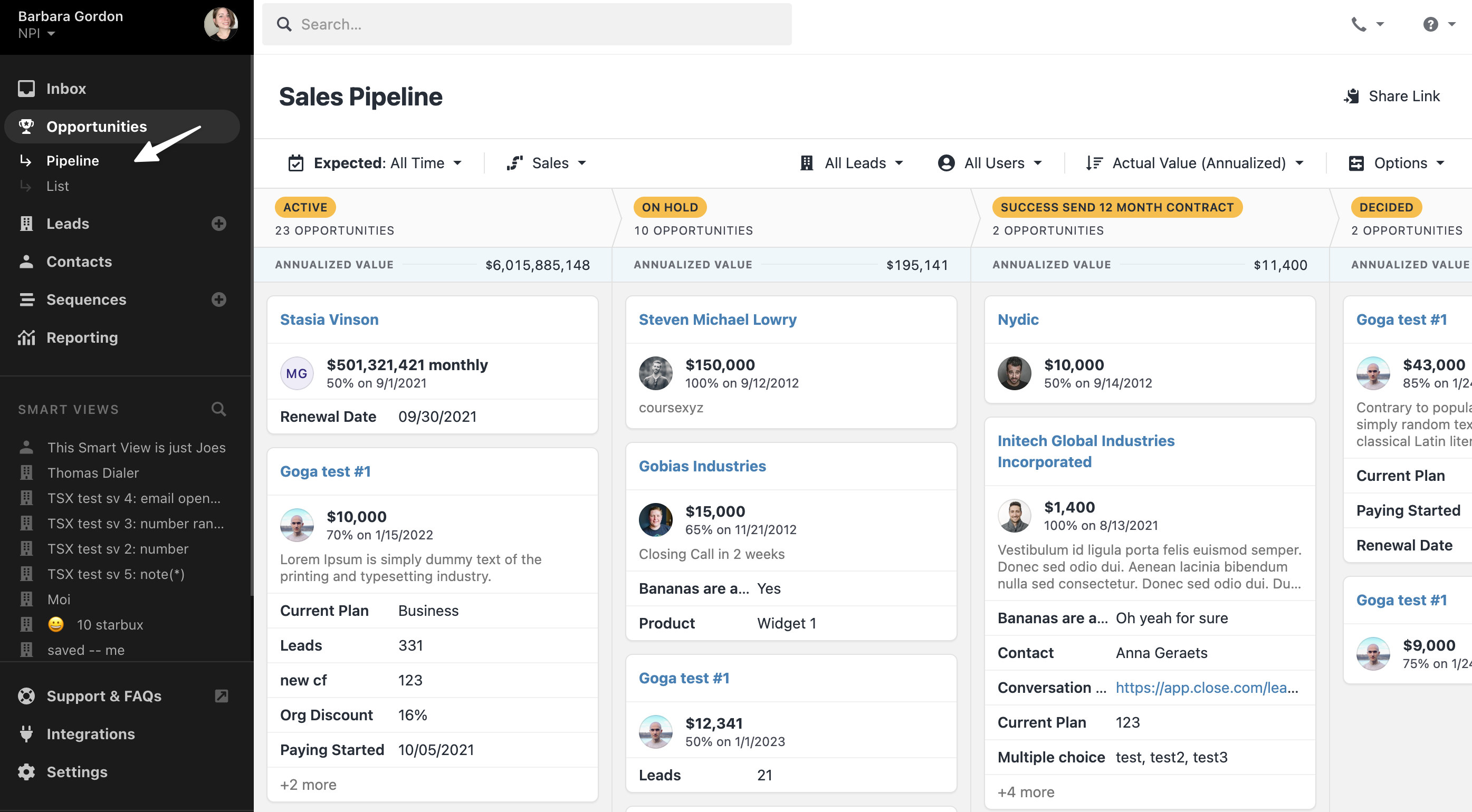 Sales pipeline in Close CRM