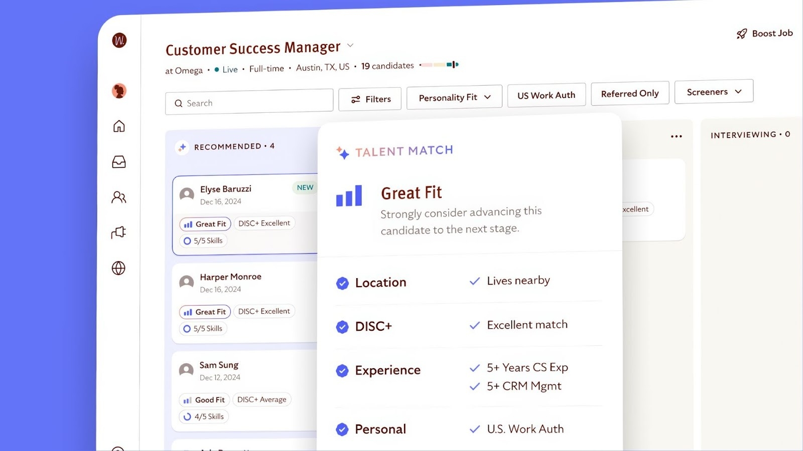 WizeHire's Talent Match feature assessing a candidate's fit
