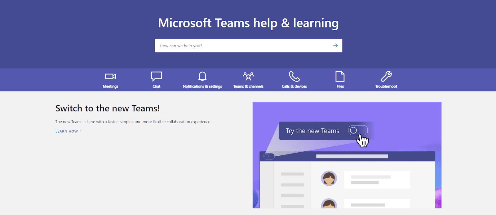 Screenshot of Microsoft Teams support page