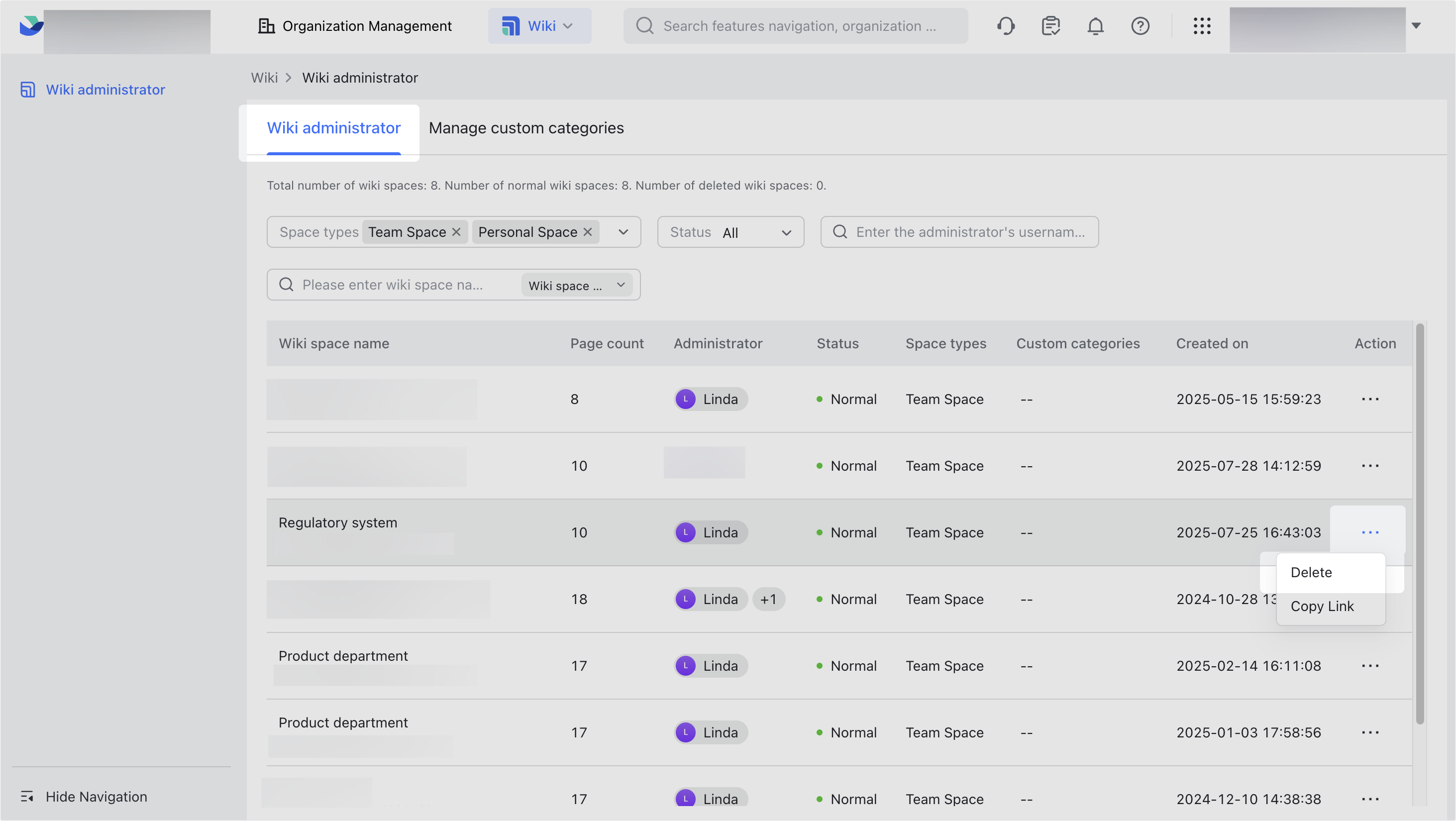 Delete and restore wiki spaces