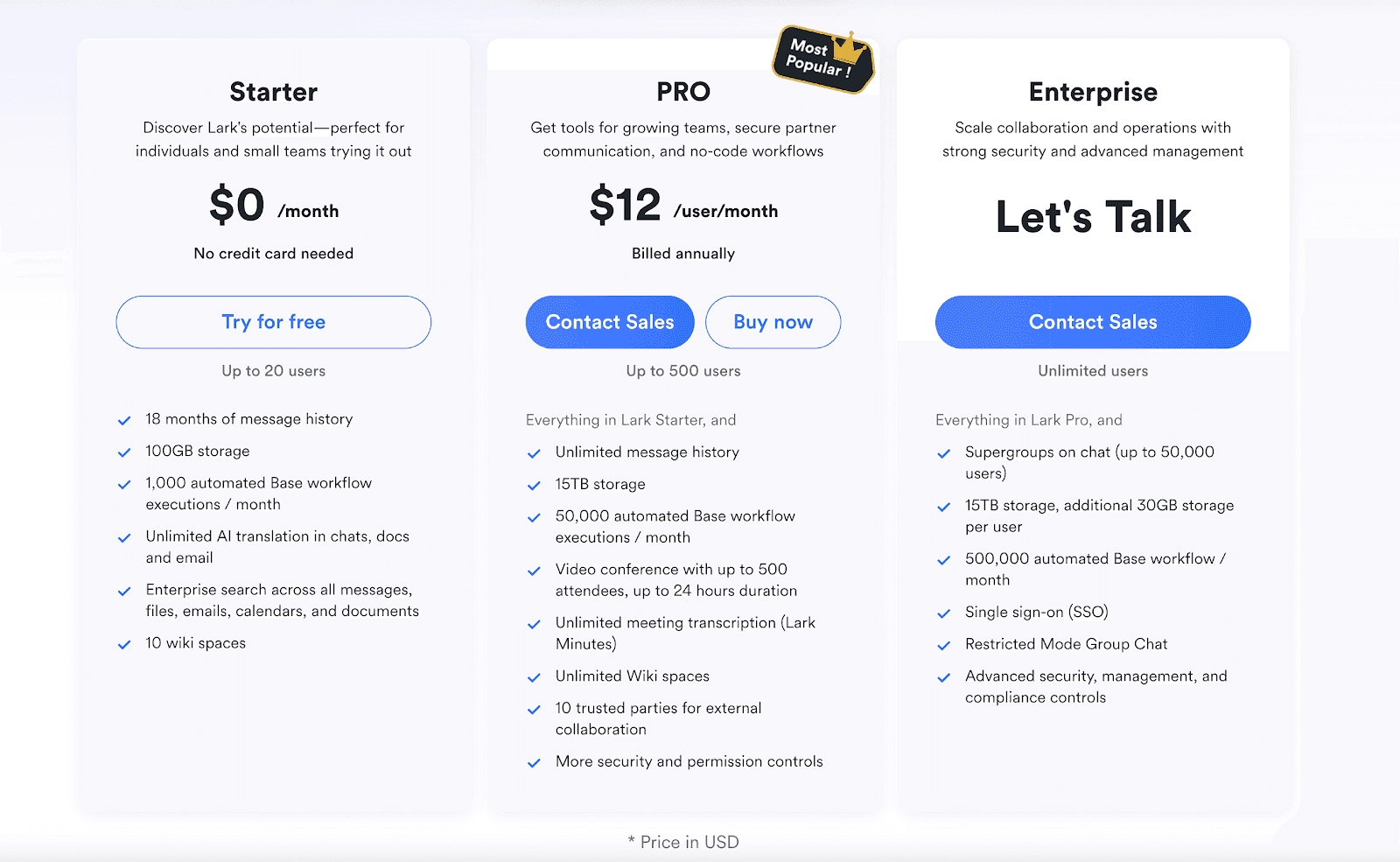 Lark's pricing plans