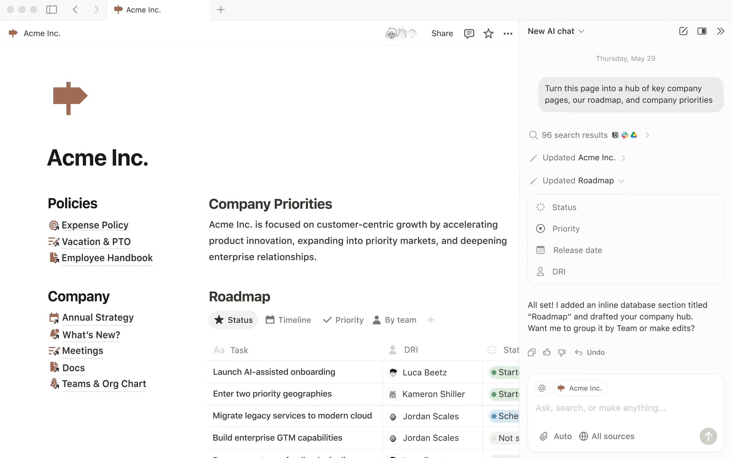 Notion workspace showing docs, databases, and team wiki