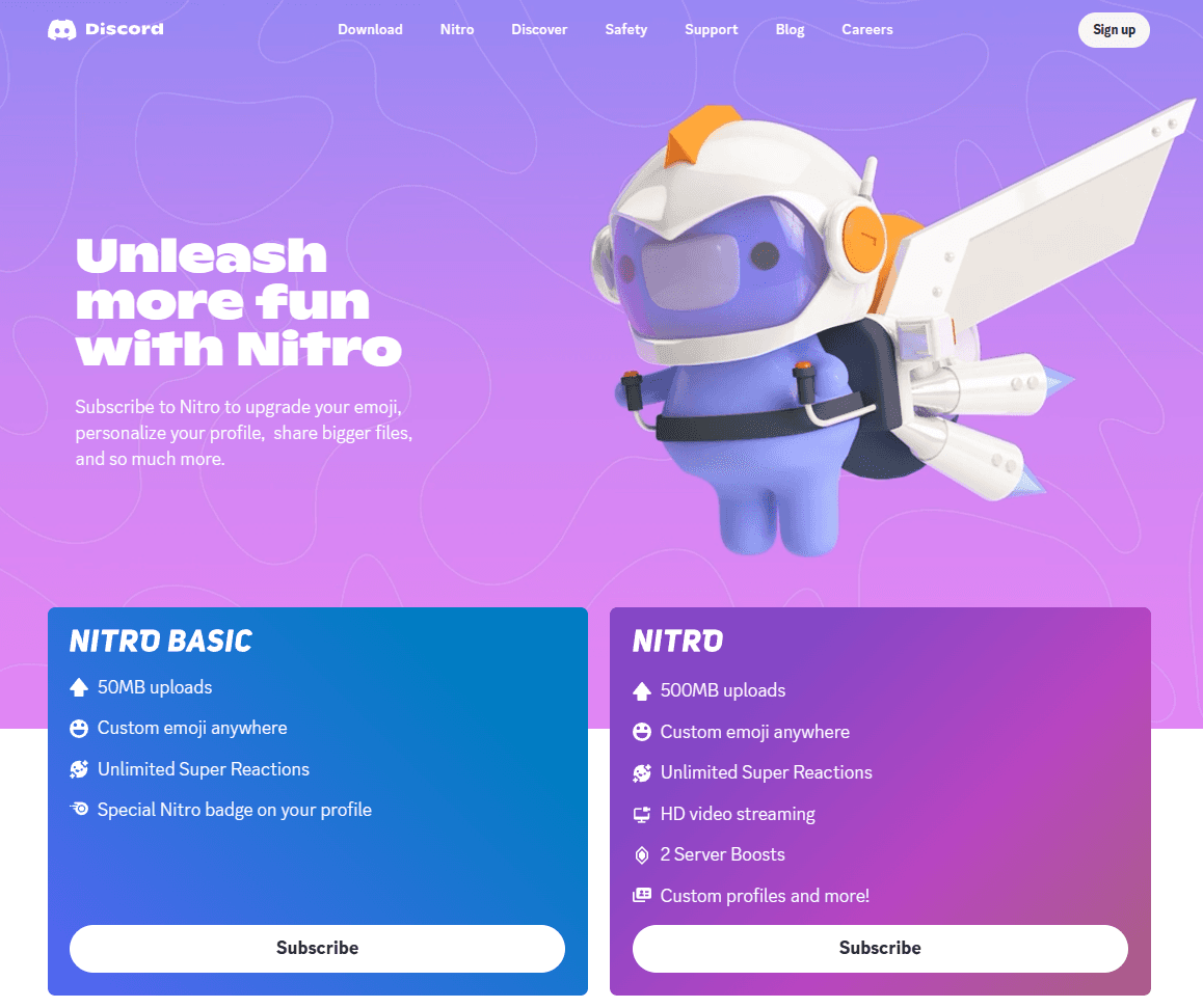 Screenshot of Discord's paid plans