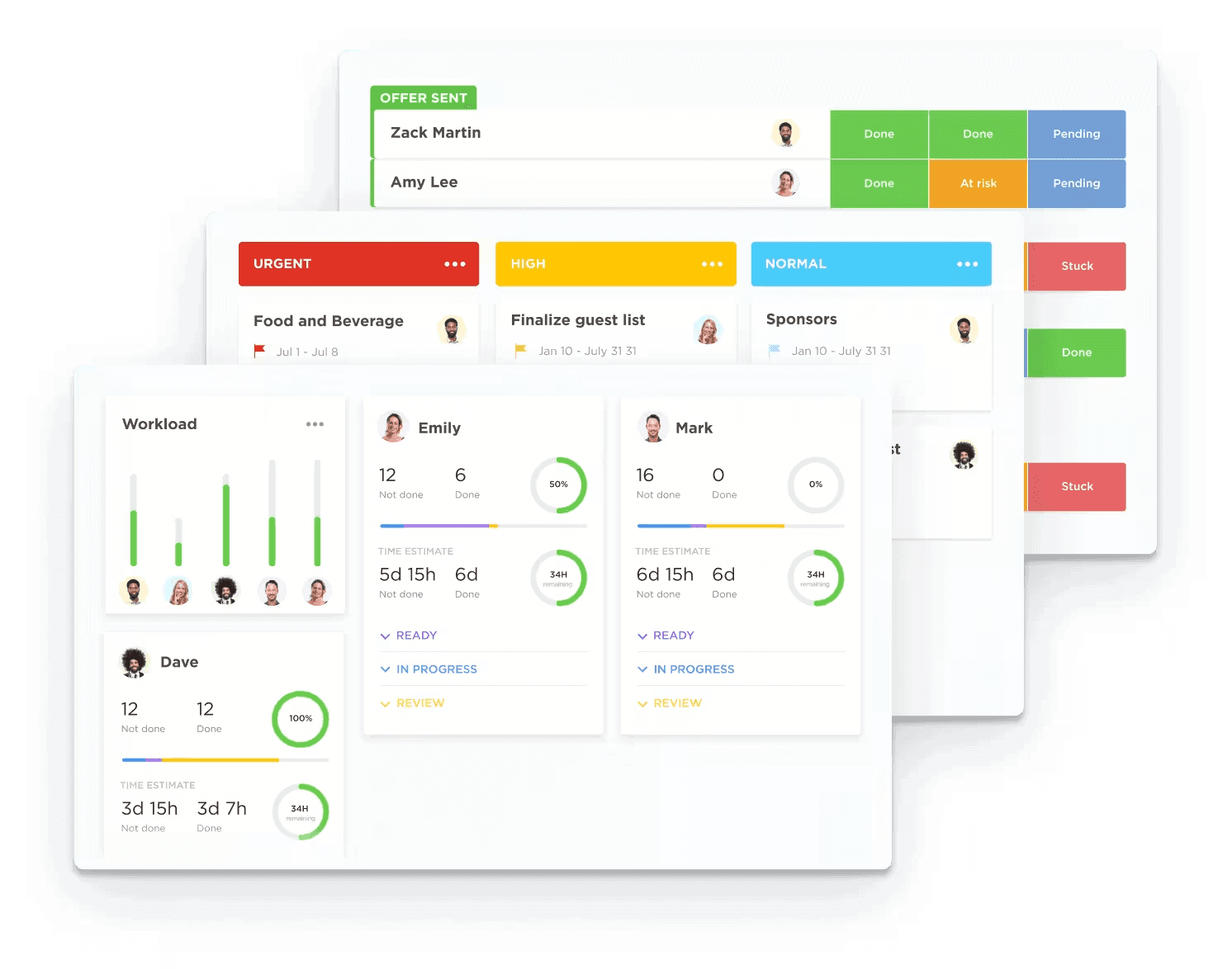 Interfaces of ClickUp for visualizing workload and task priority