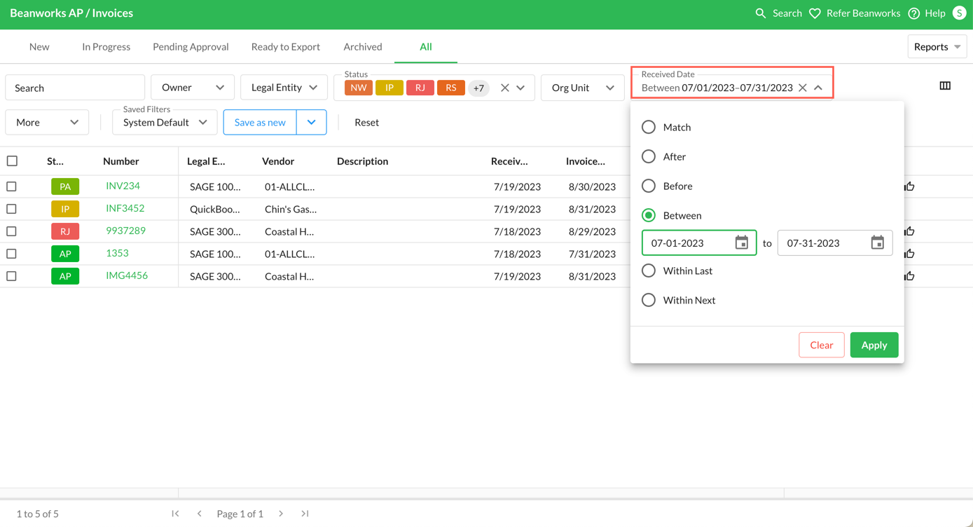 Quadient AP dashboard with invoice list and date filter options