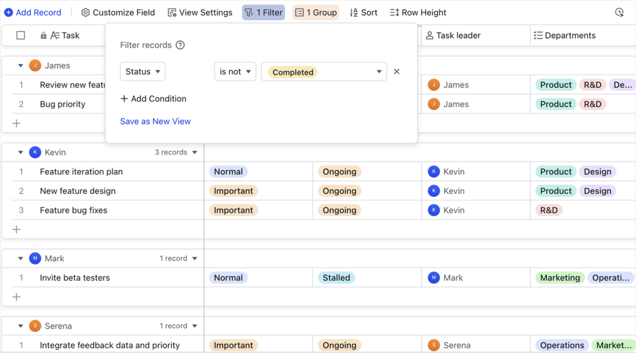 Create groups and filter in Lark Base