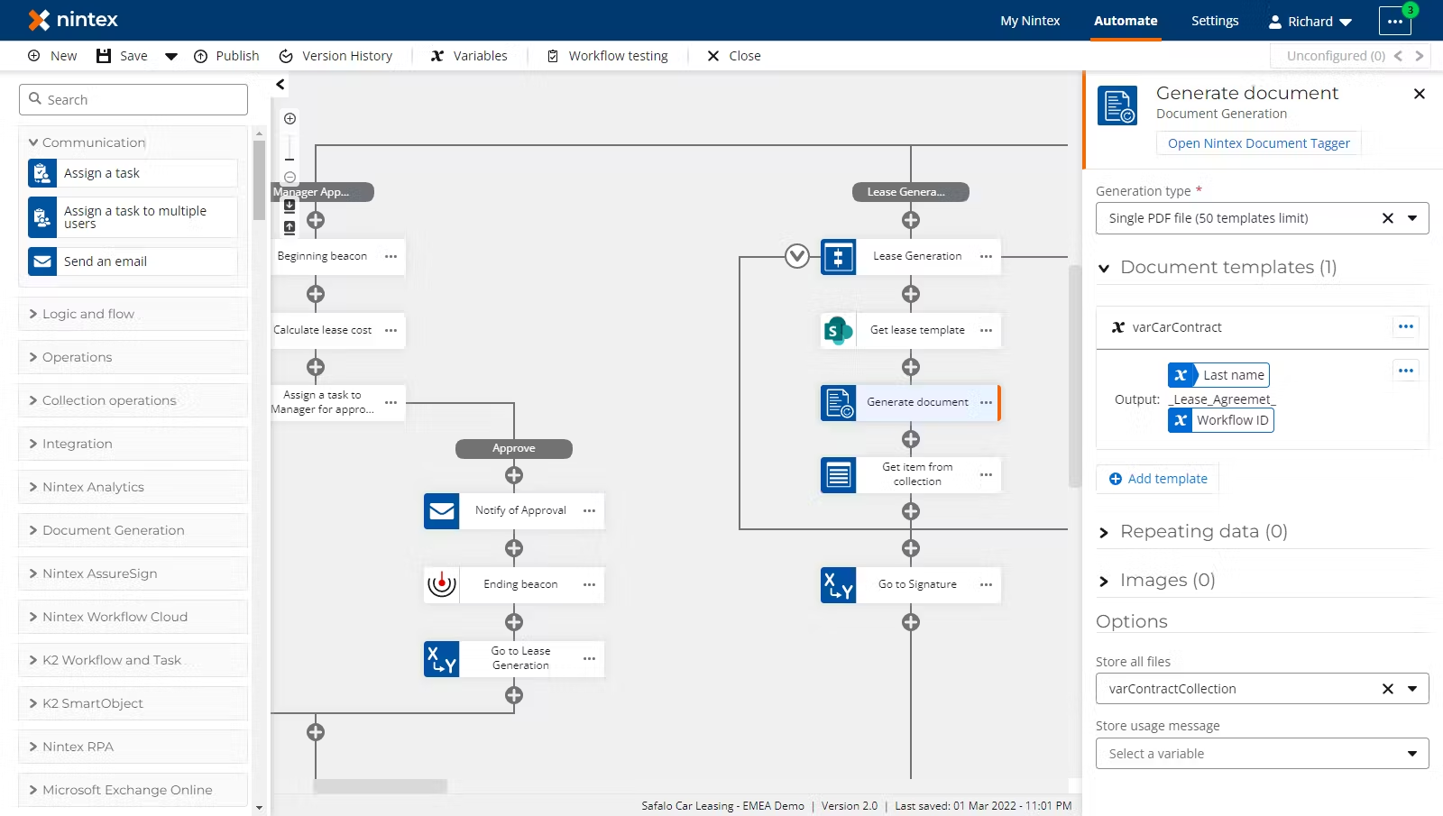 Nintex workflow designer showing process steps, automation rules, and connectors