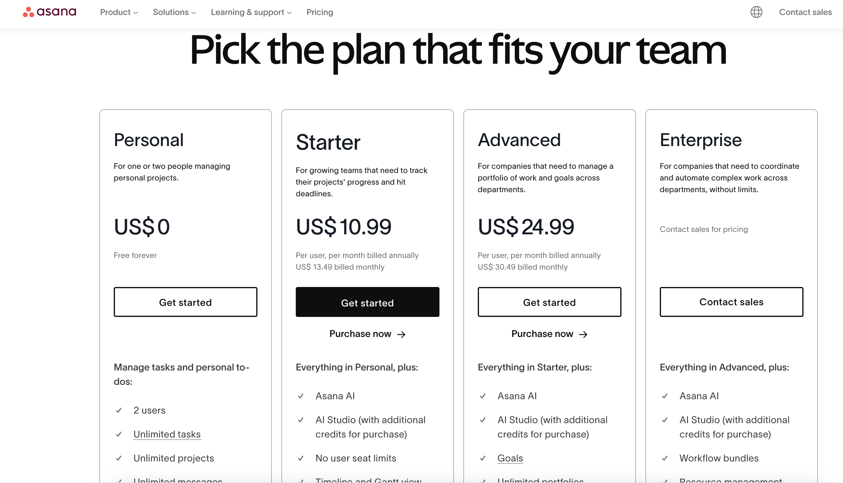 Asana pricing tier