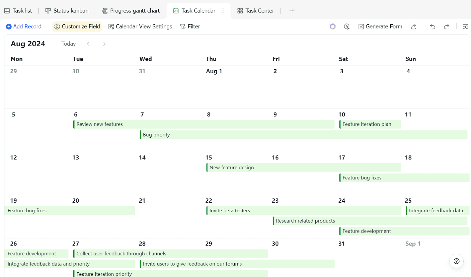 Calendar-based dashboard template