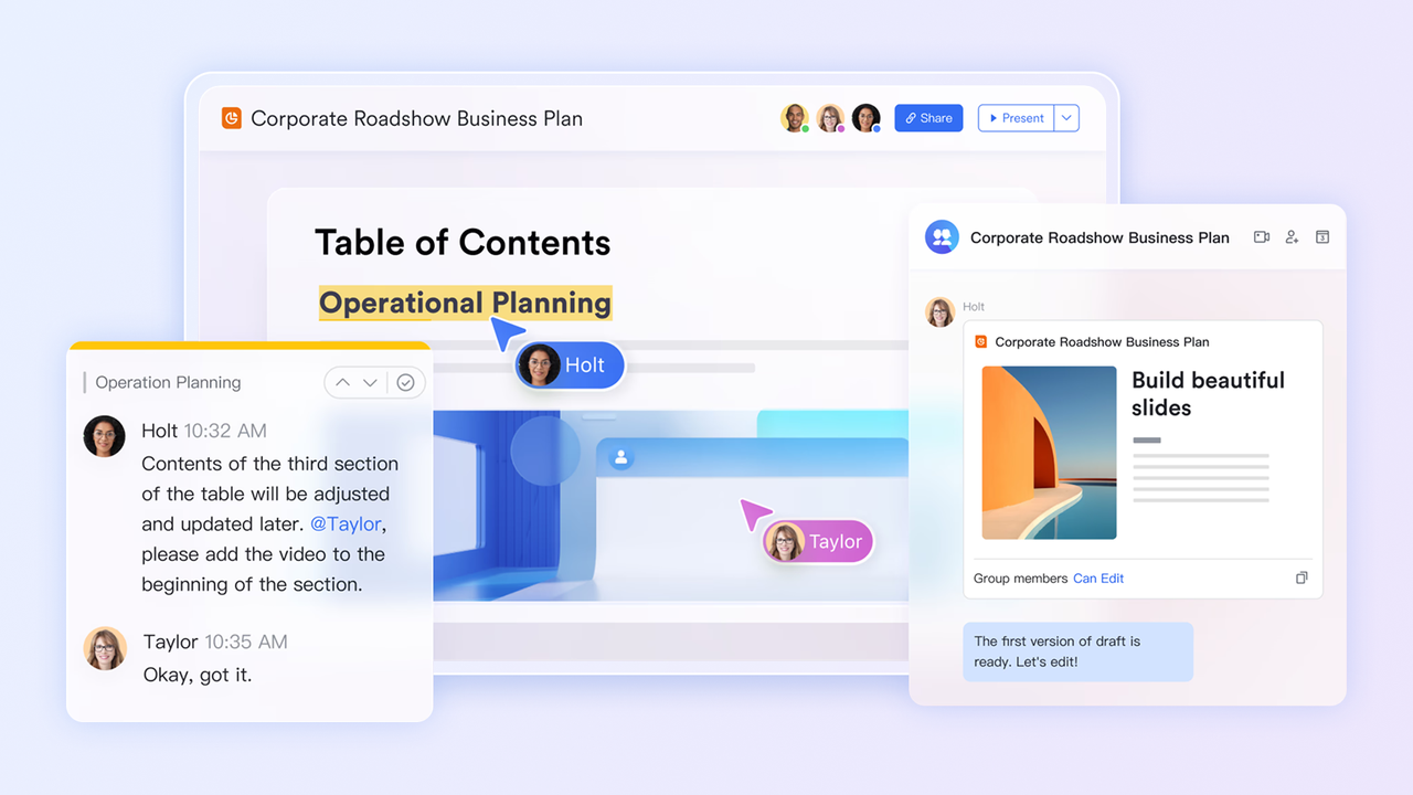 Lark Slides supports real-time collaboration and comment