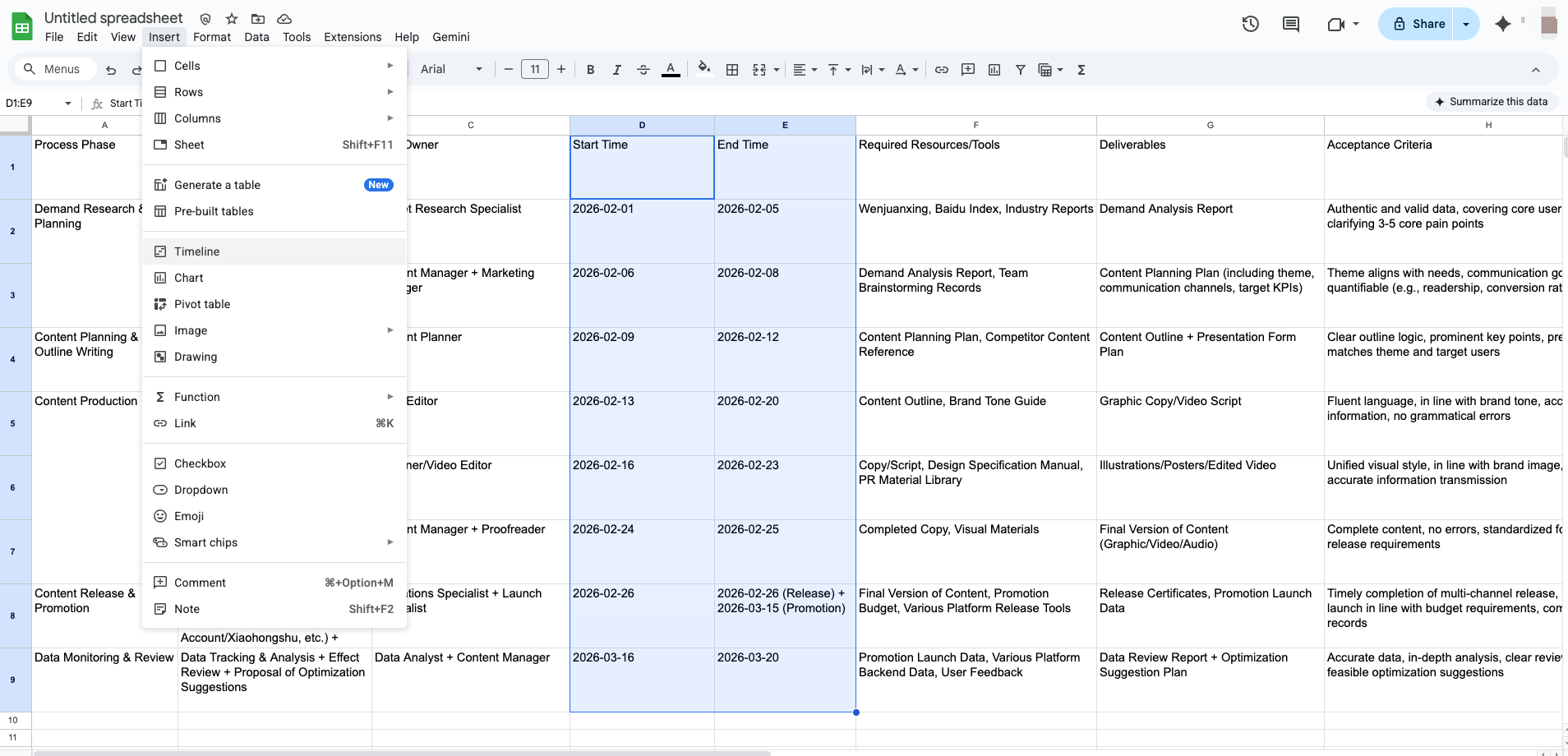 Create a timeline in Google Sheets
