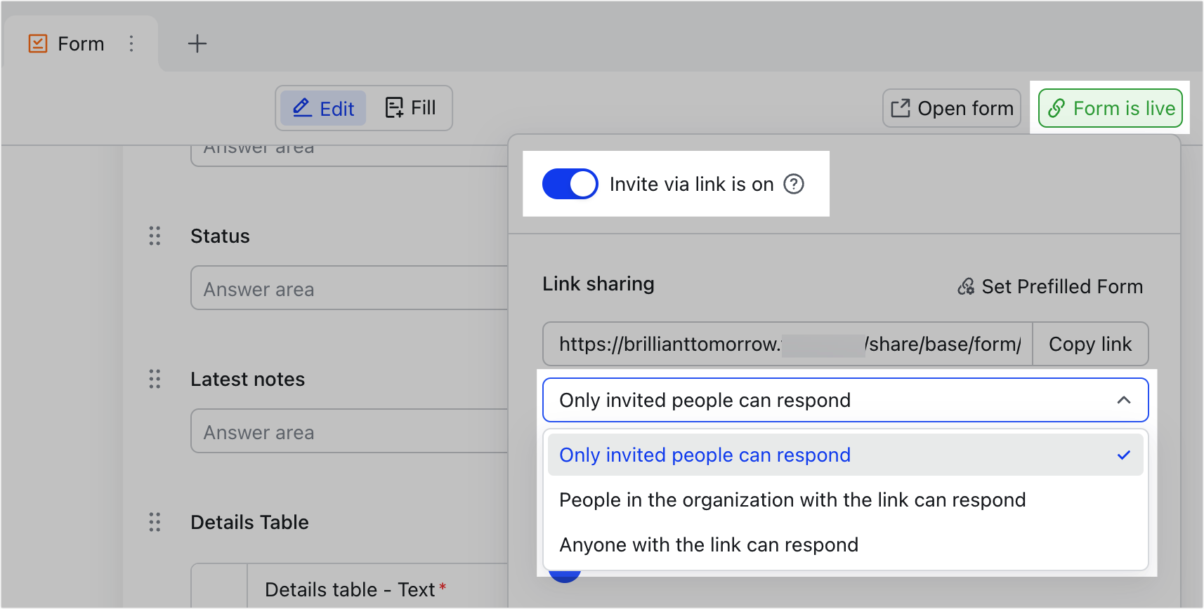Use the Details Table question in form view