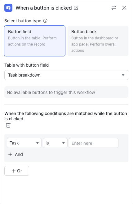 Set a button click as a trigger in Workflow and Automations