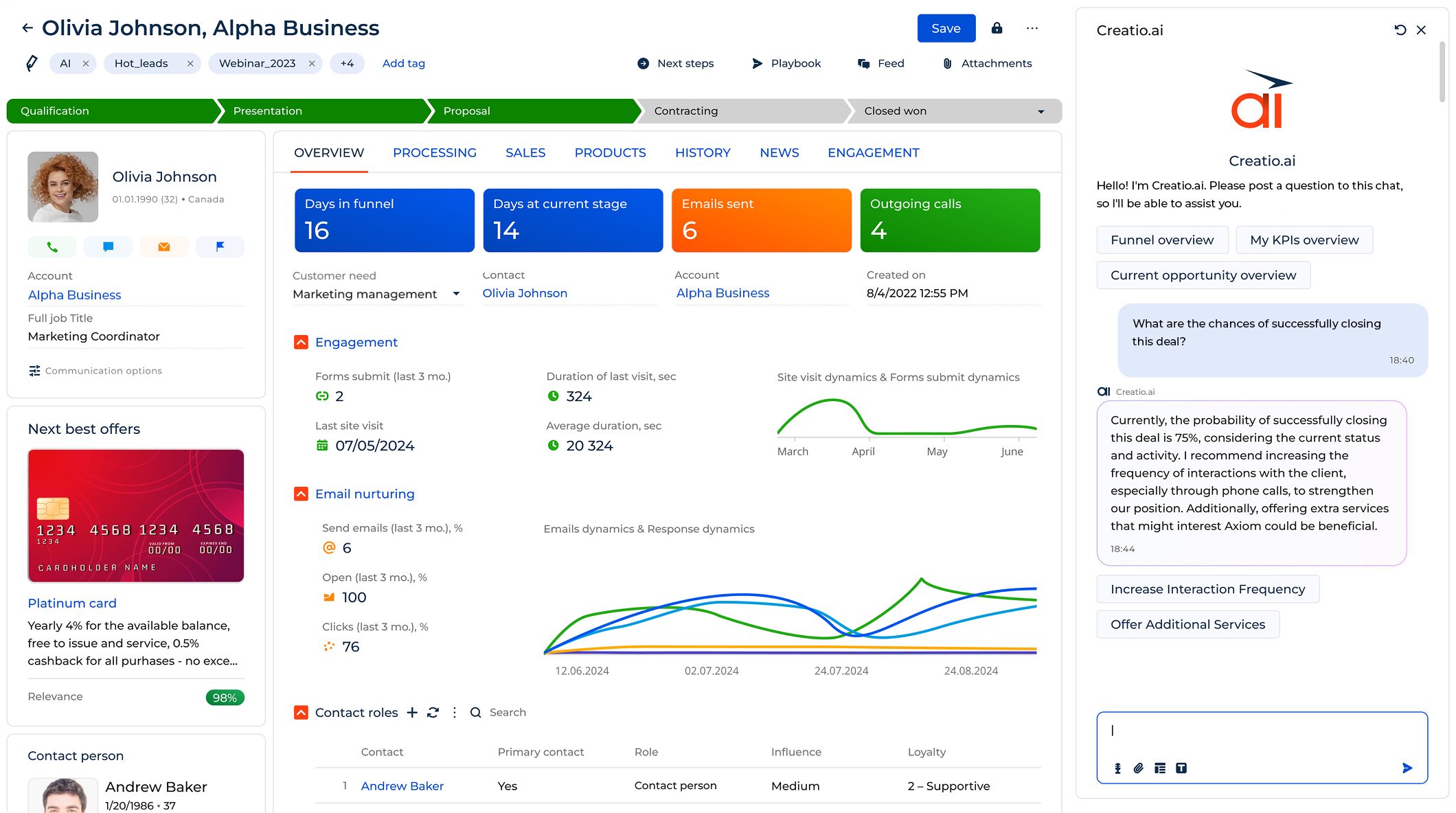 Creatio CRM Software dashboard