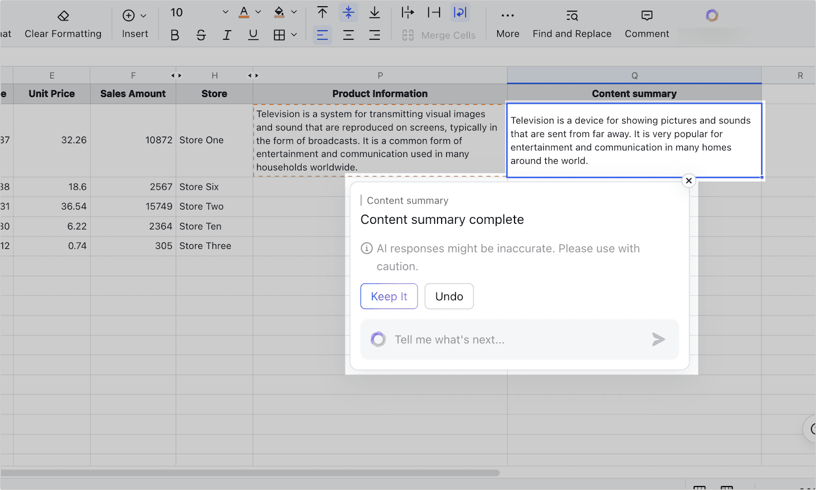 AI-powered smart summary in Lark Sheets