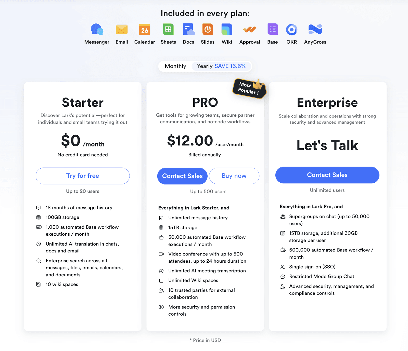 mage of Lark’s pricing page