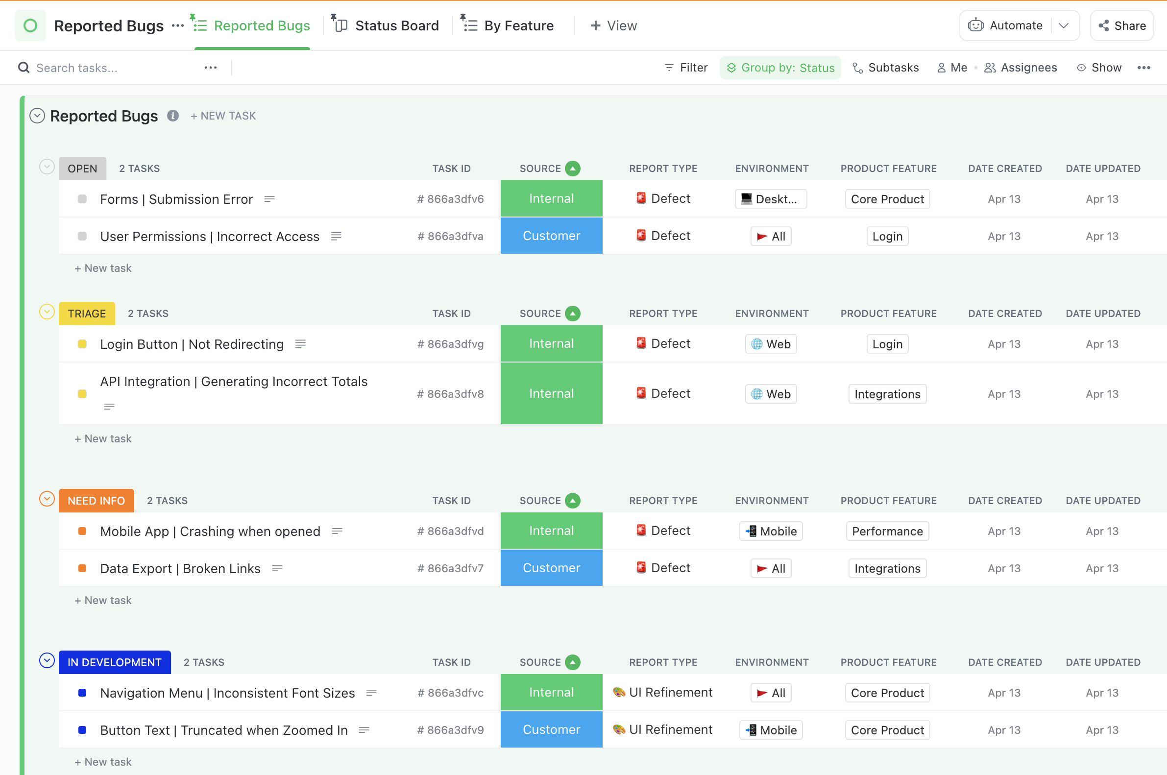 ClickUp software development tracking