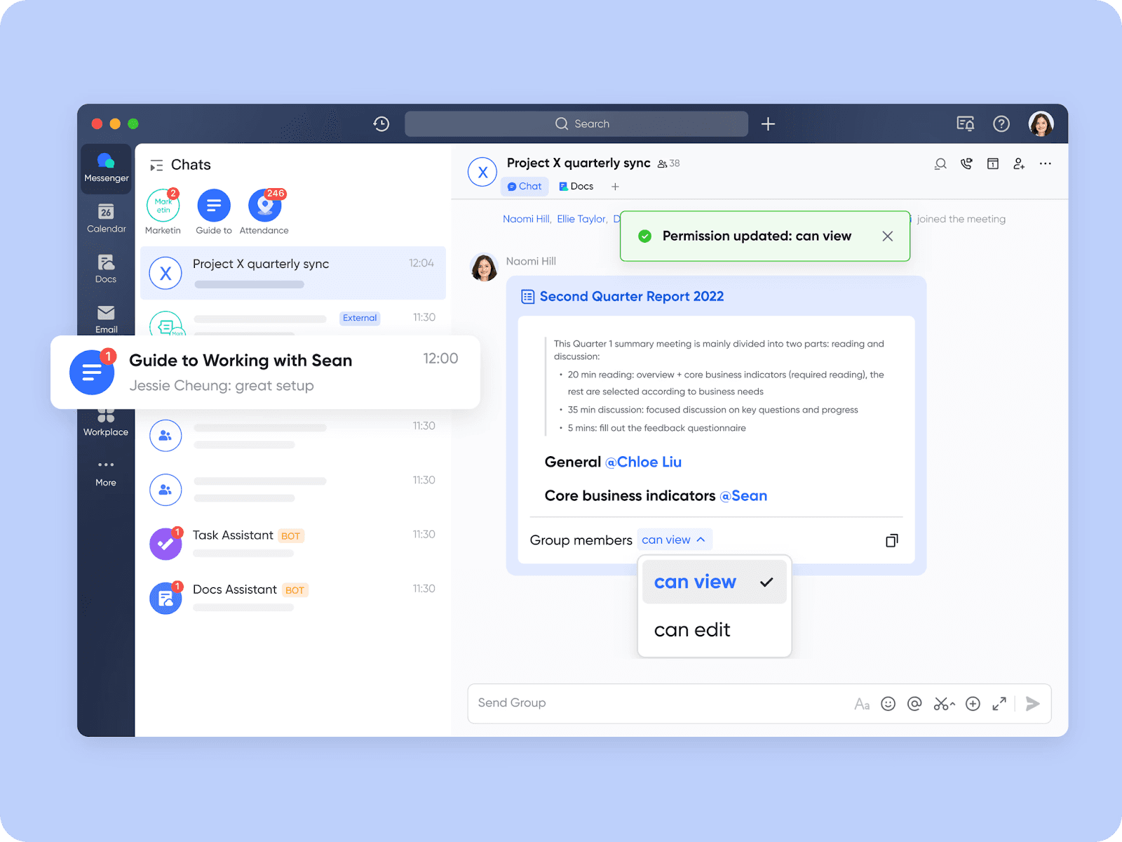 Lark Docs shared to a chat and view permission is granted directly in the chat.&nbsp;