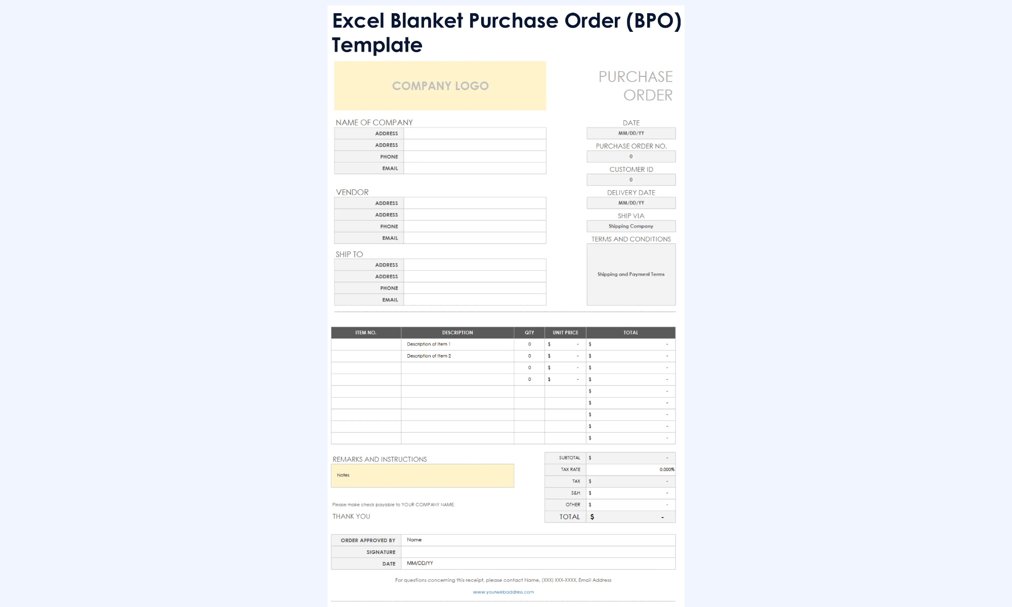 Excel blanket purchase order template interface