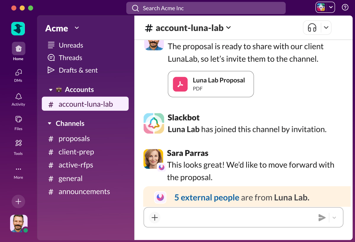 Slack work collaboration tool for real-time messaging