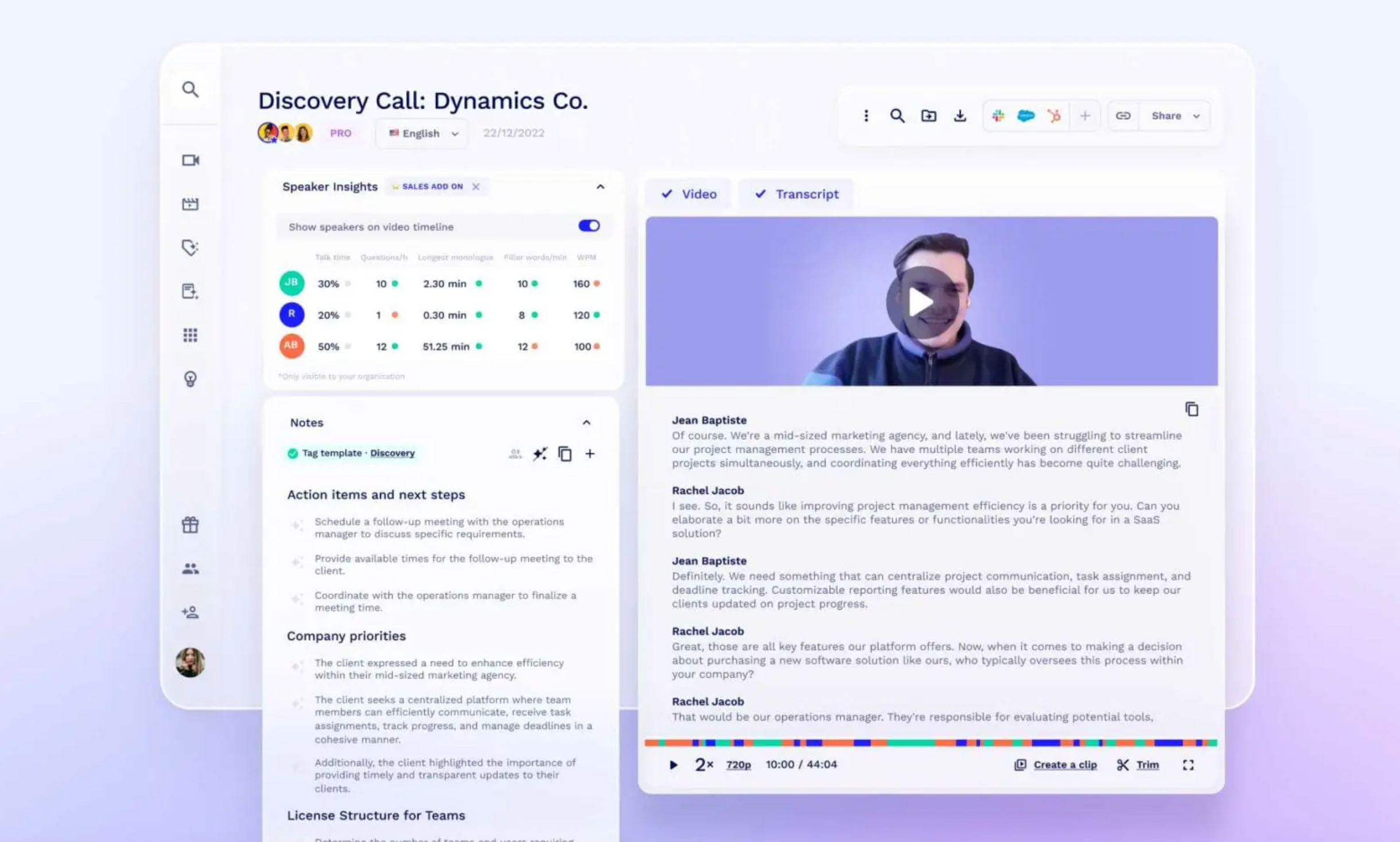 Interface of tldv, ai meeting minutes software