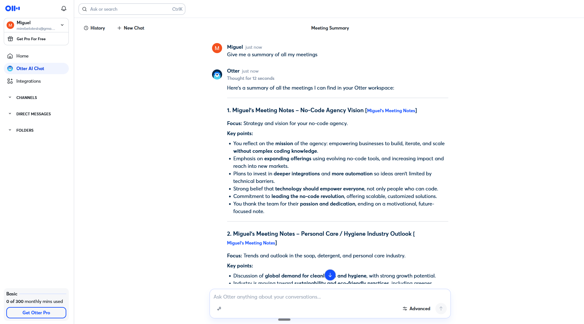 Otter.ai real-time meeting transcript with AI Chat panel
