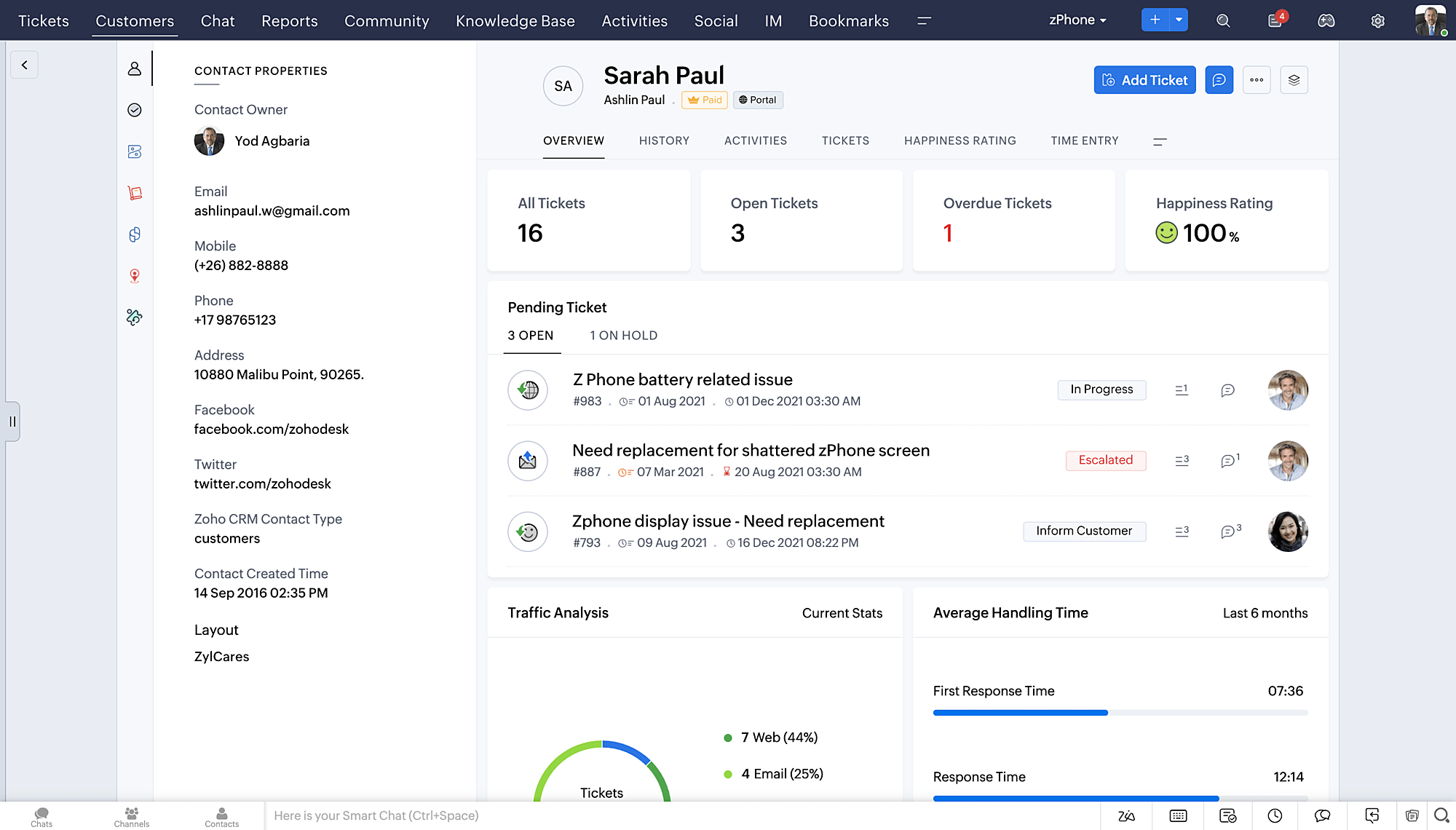 Zoho desk's interface for support staff, showing contact owner and pending ticket details