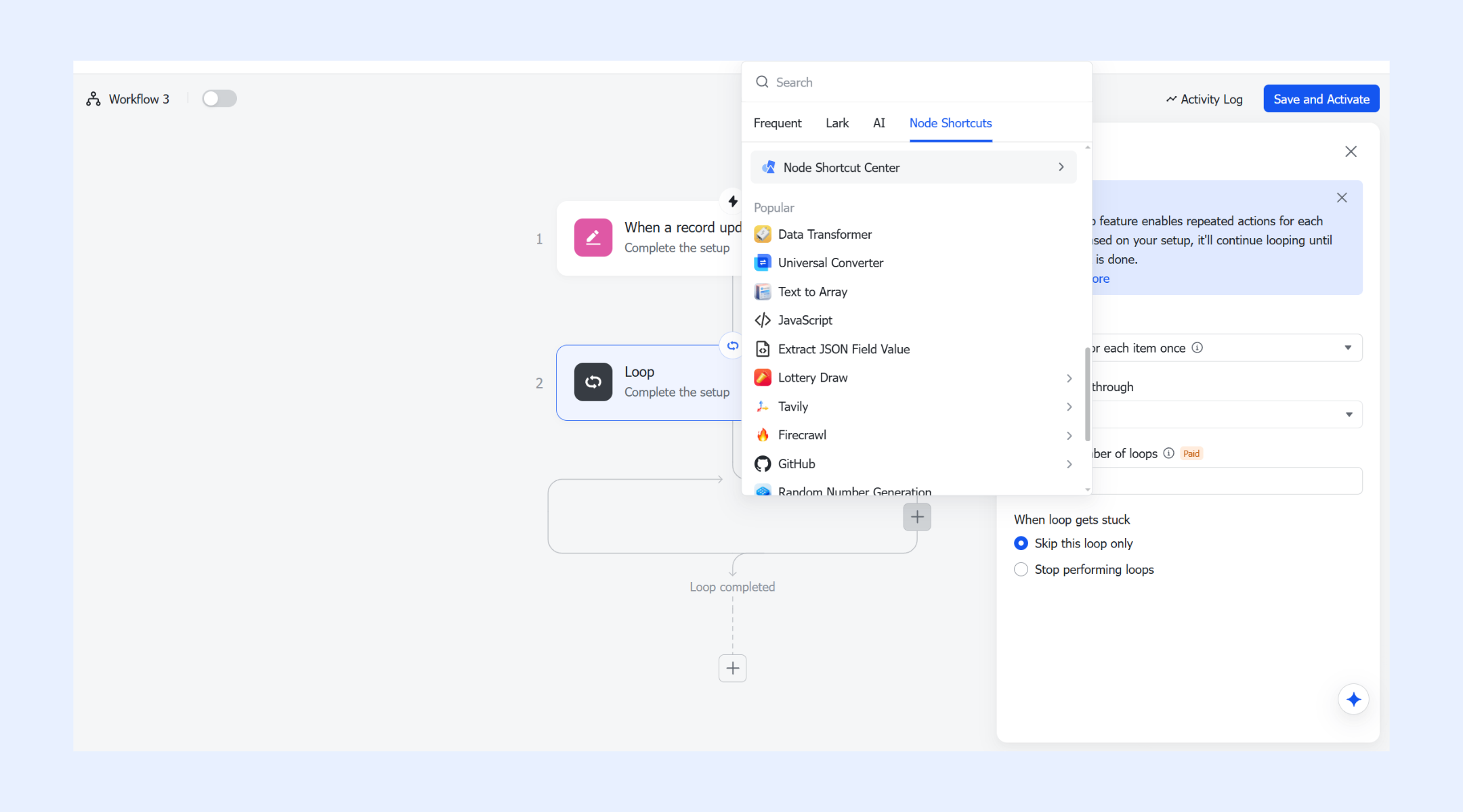 Includes multiple node shortcuts for the custom workflow