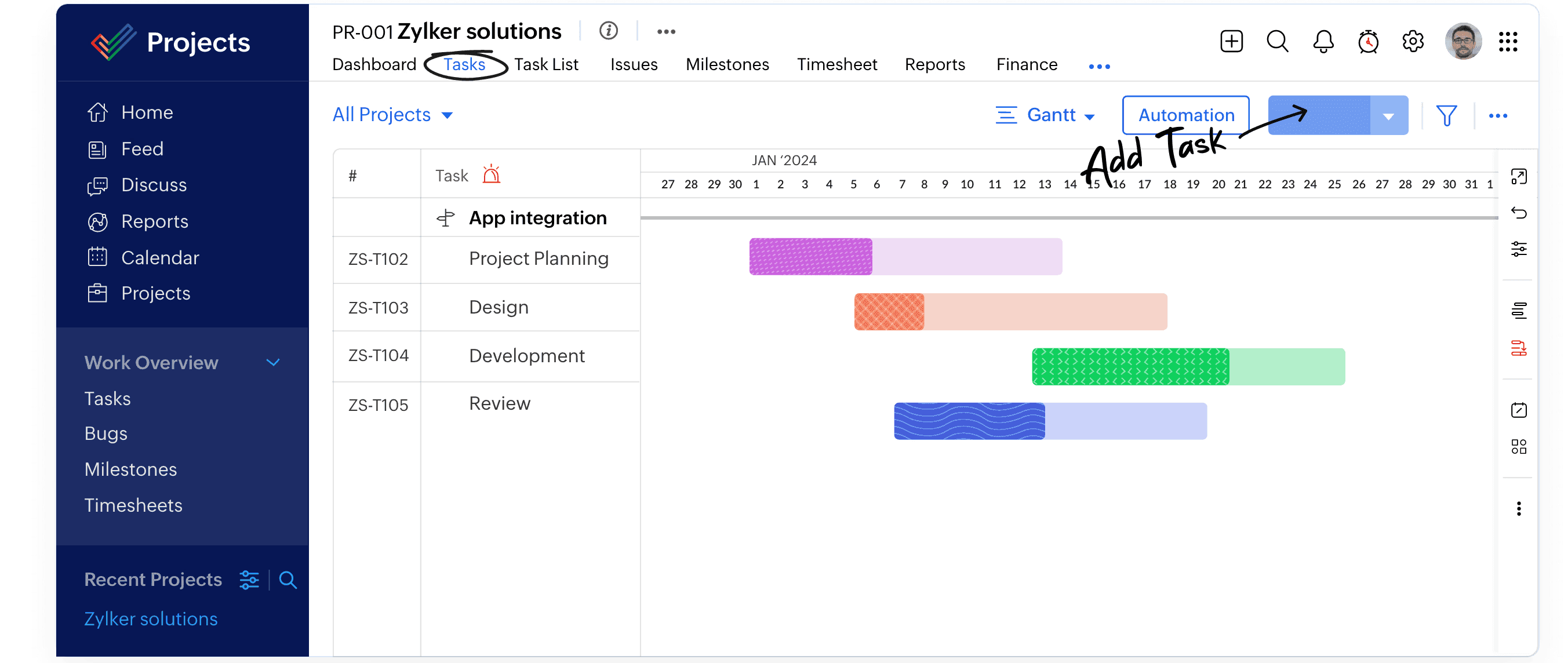 Zoho project's main interface