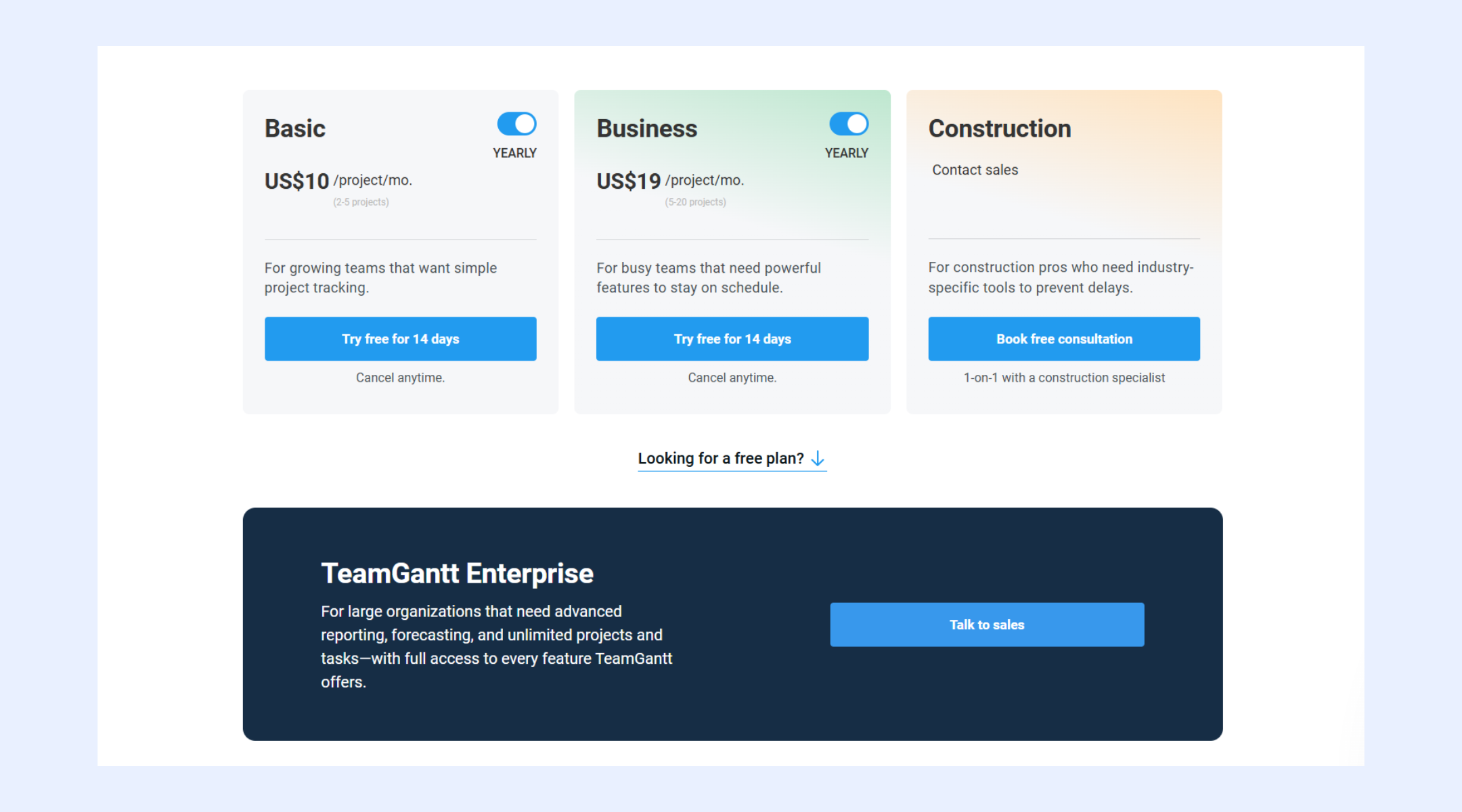 TeamGantt pricing plans