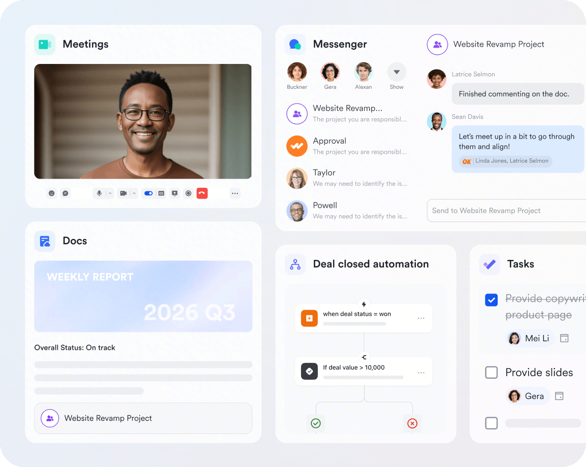 Lark Workspace showing Meetings, Docs, Messenger, and an automation panel connected in one interface