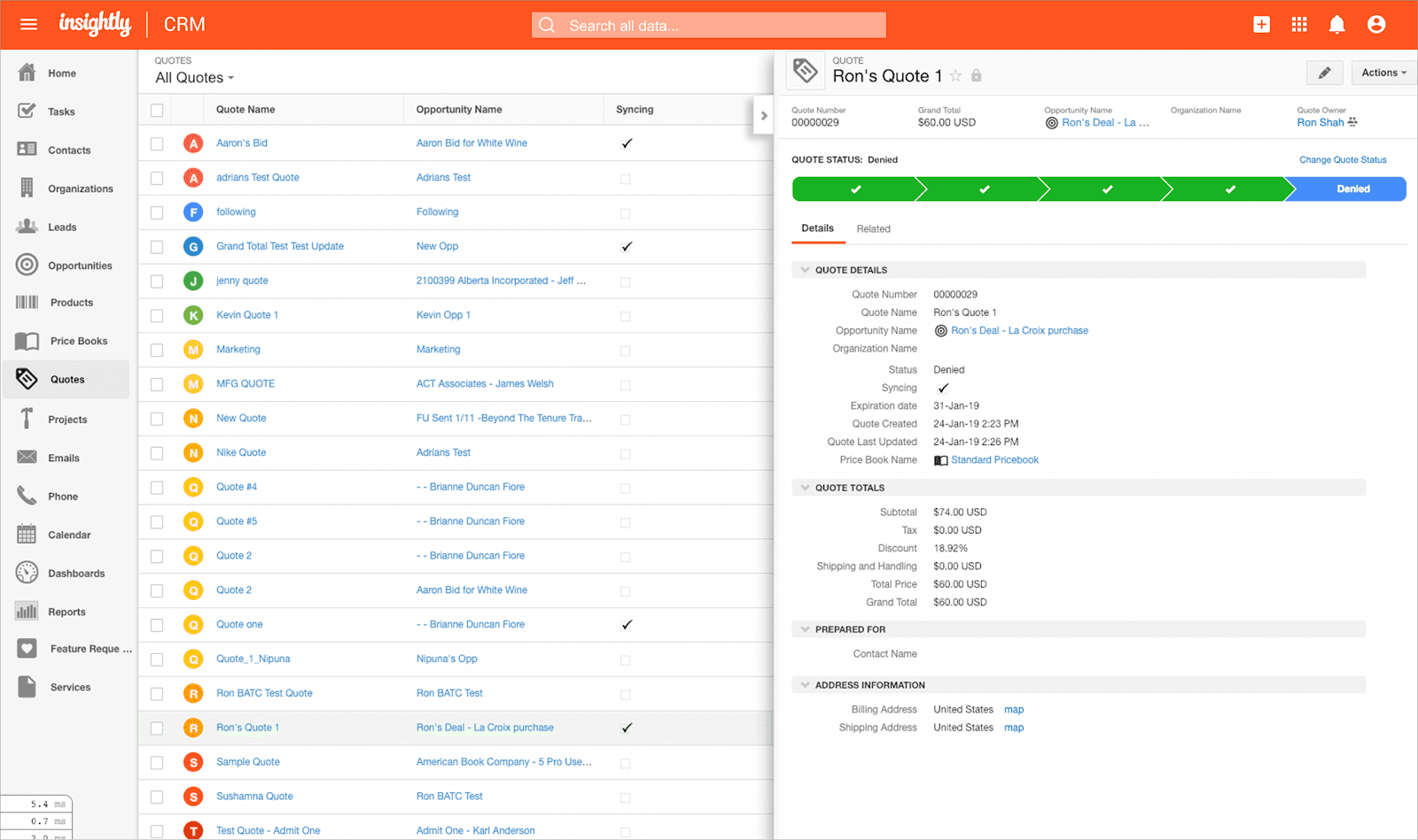 Insightly’s interface for contacts