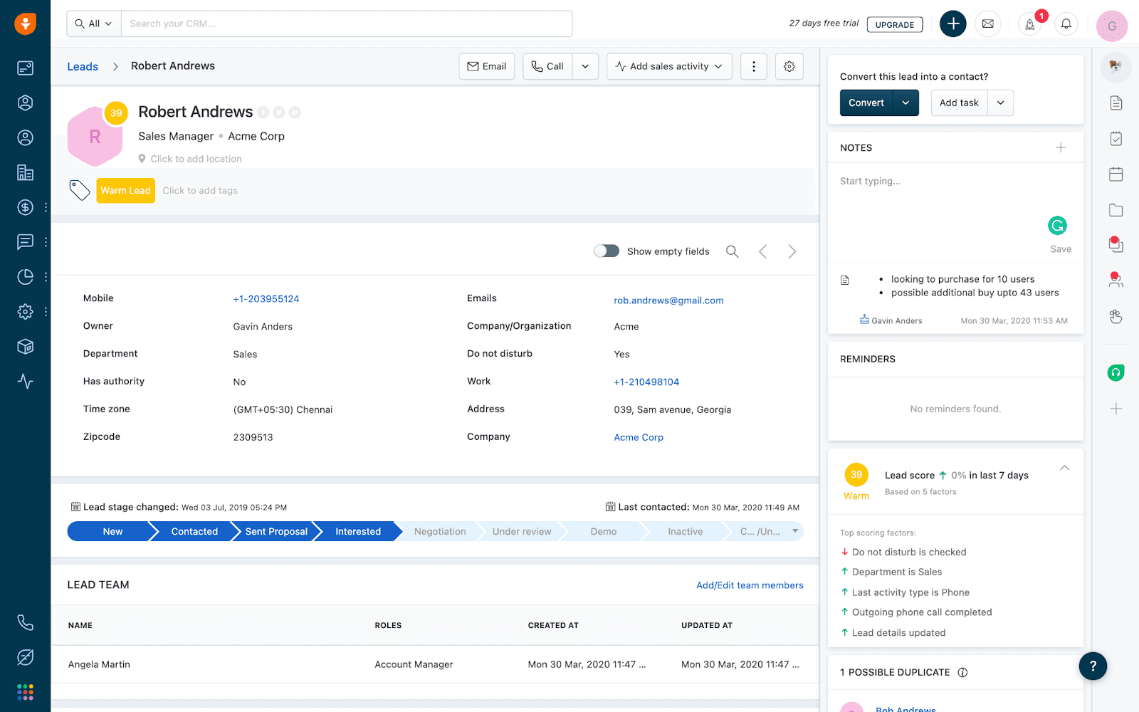 Interface of Freshsales, a CRM software