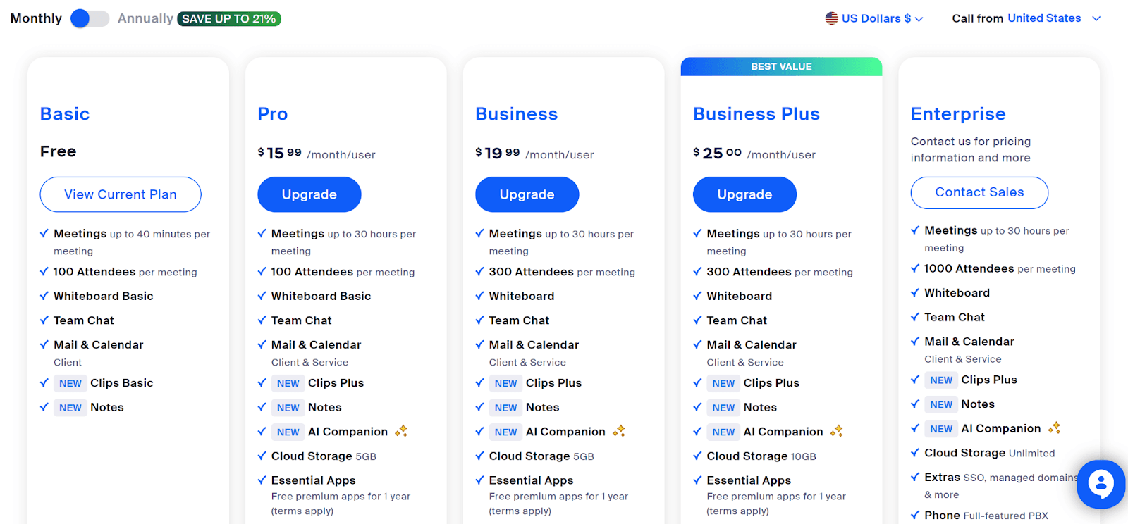 Screenshot of Zoom's plans and pricing page