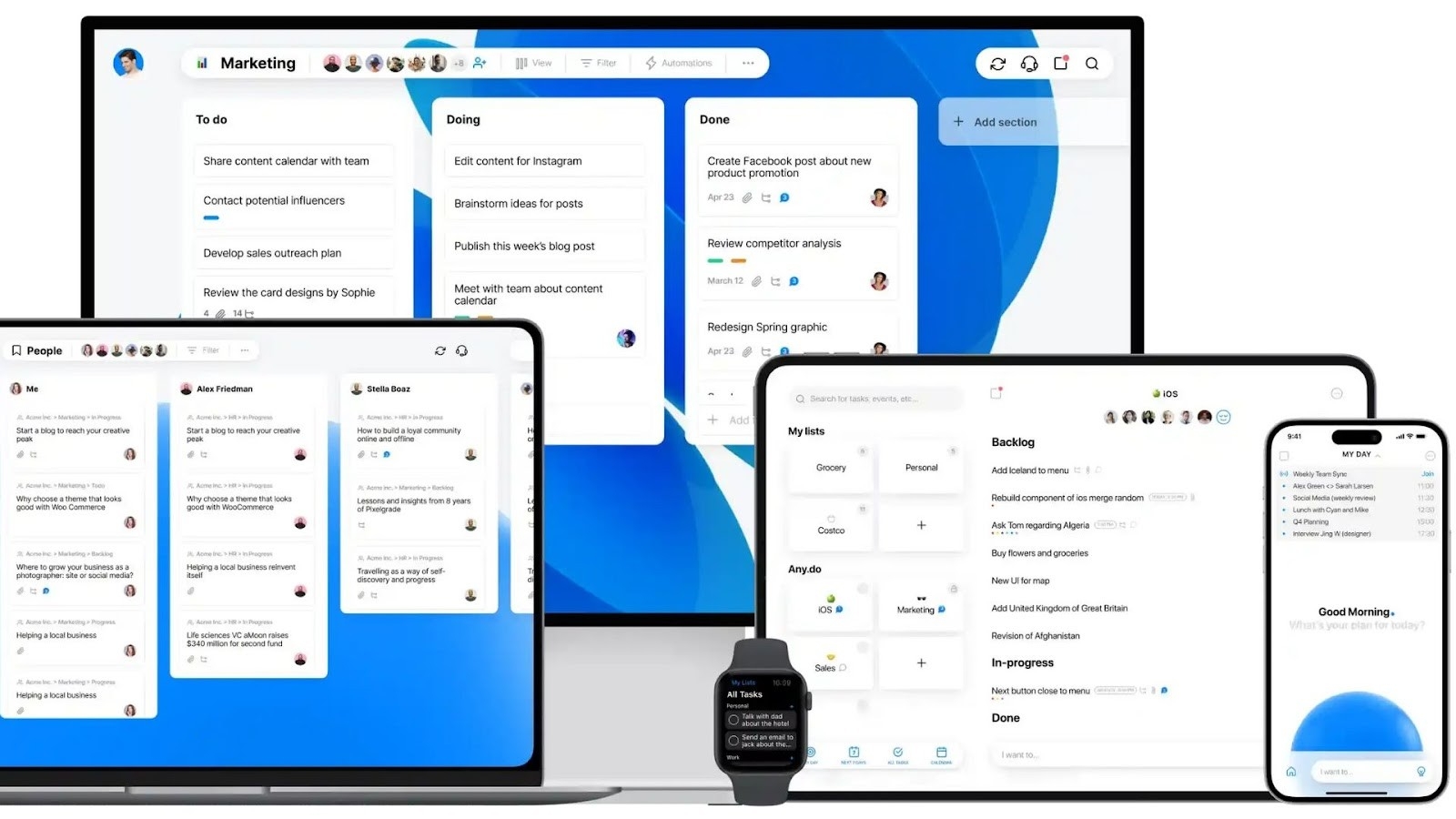 Any.do's interface across desktop, mobile, and watch