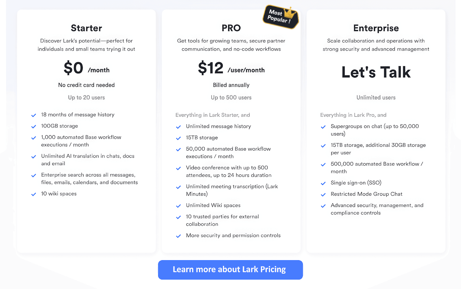 Lark's Starter, Pro and Enterprise pricing plans