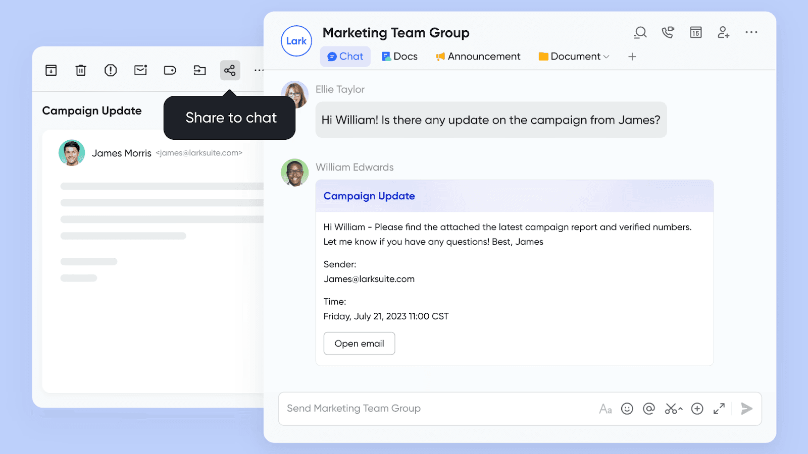 Lark's unified inbox with a shared email
