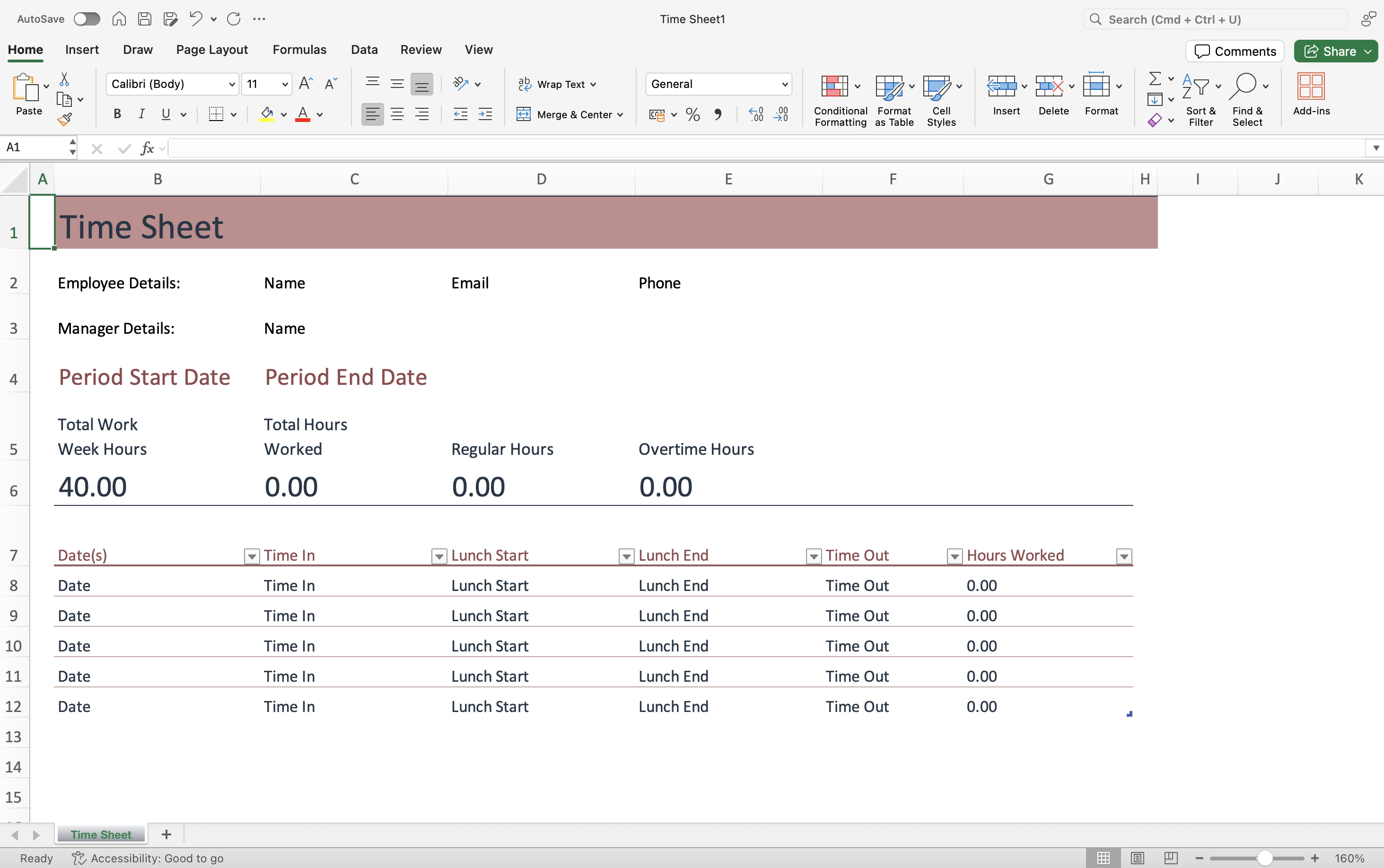 The time sheet in Excel