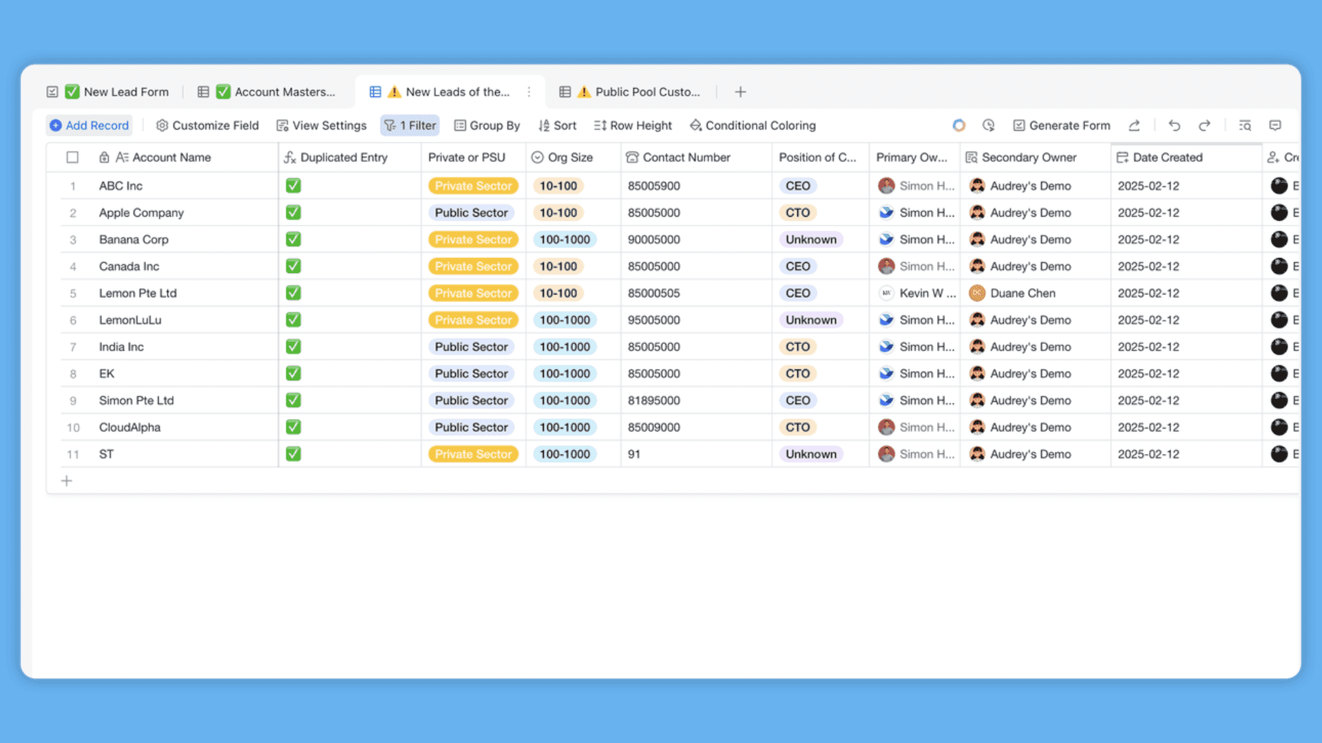 A table for organizing leads, showing key details like position and company size