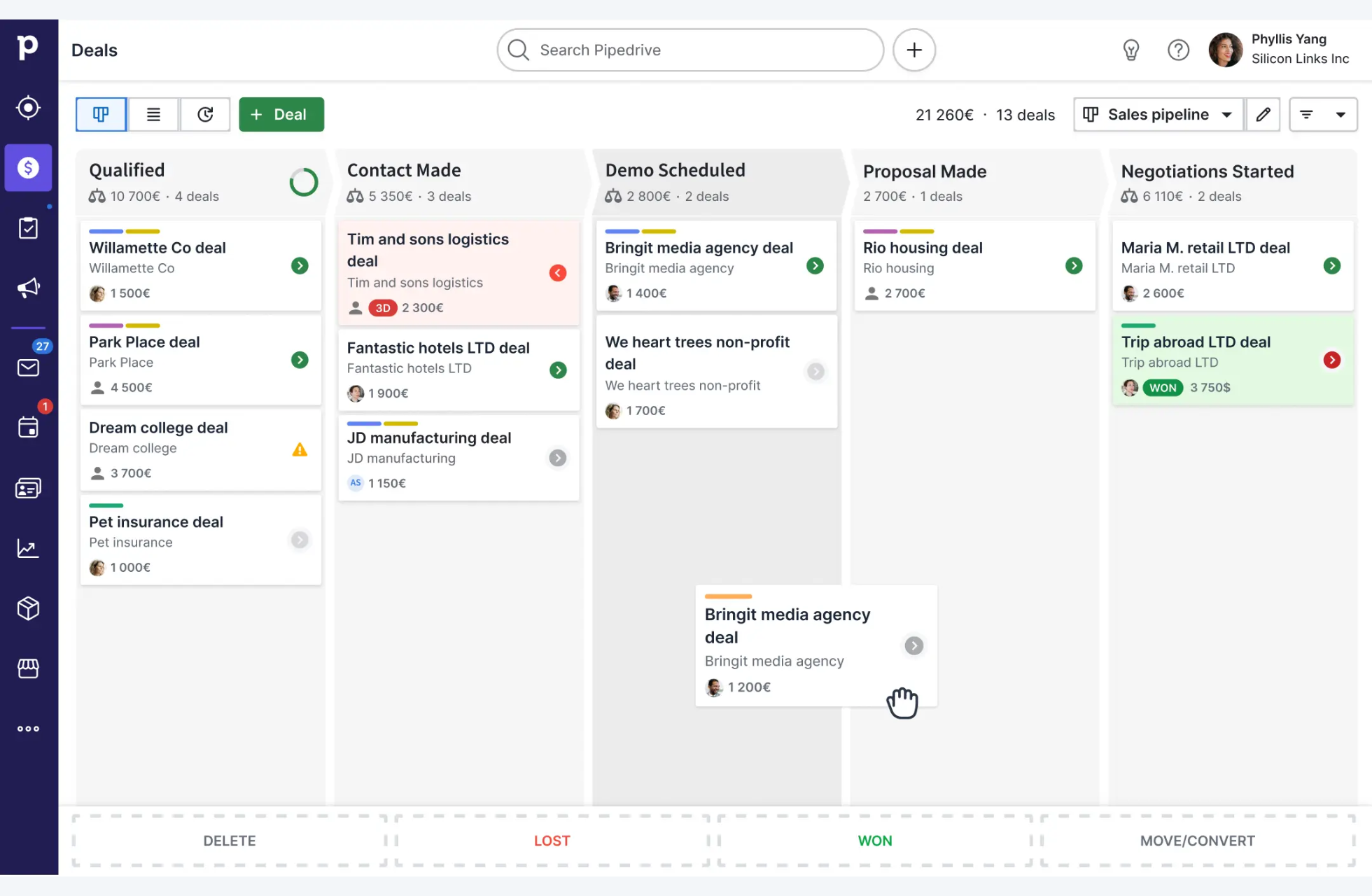 Pipedrive CRM interface showing a visual sales pipeline that moves deals through each stage of the sales cycle