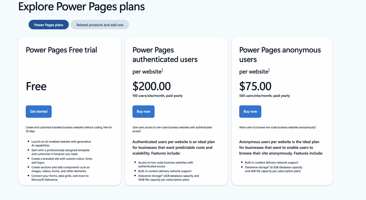 Explore Power Pages pricing plans