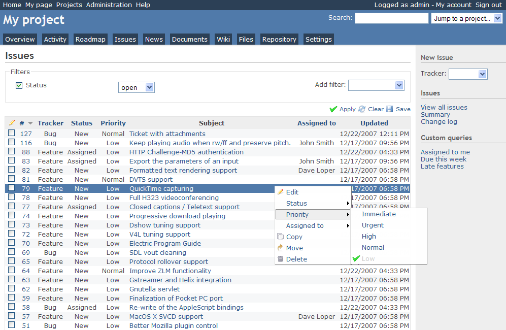 Redmine is an open-source bug tracking