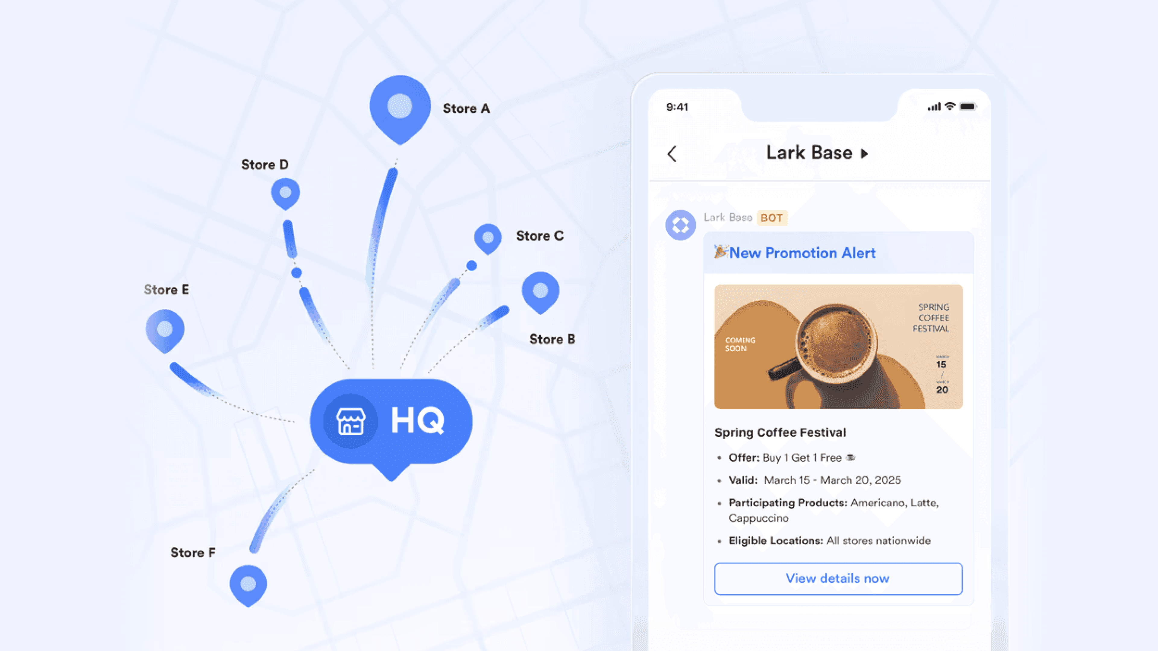 Lark on mobile connecting different stores to the HQ