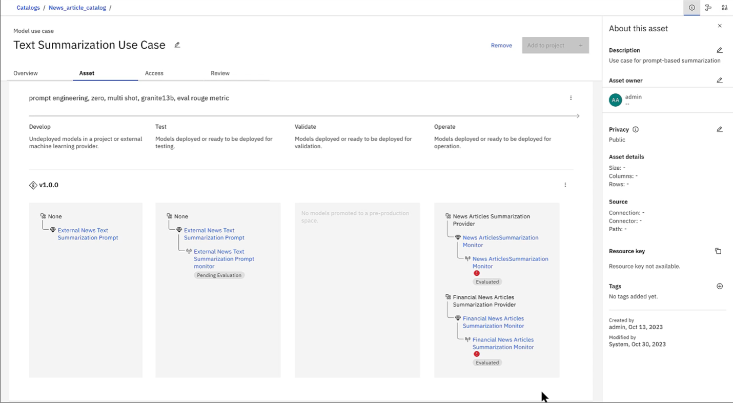 Interface of the IBM AI studio, showing the use case for text summarization
