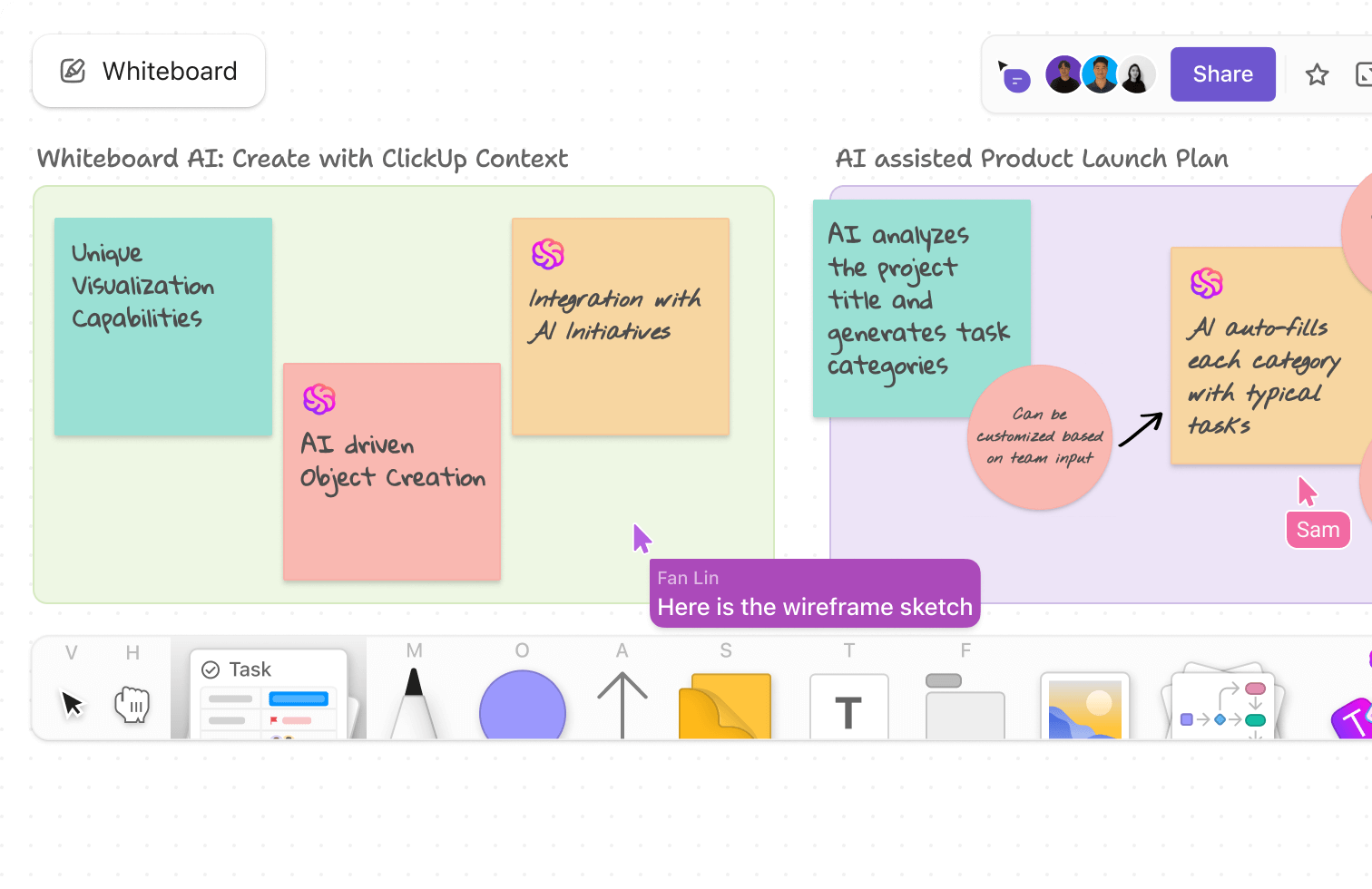 ClickUp Whiteboards, is one of the best AI tool for project + flowchart integration