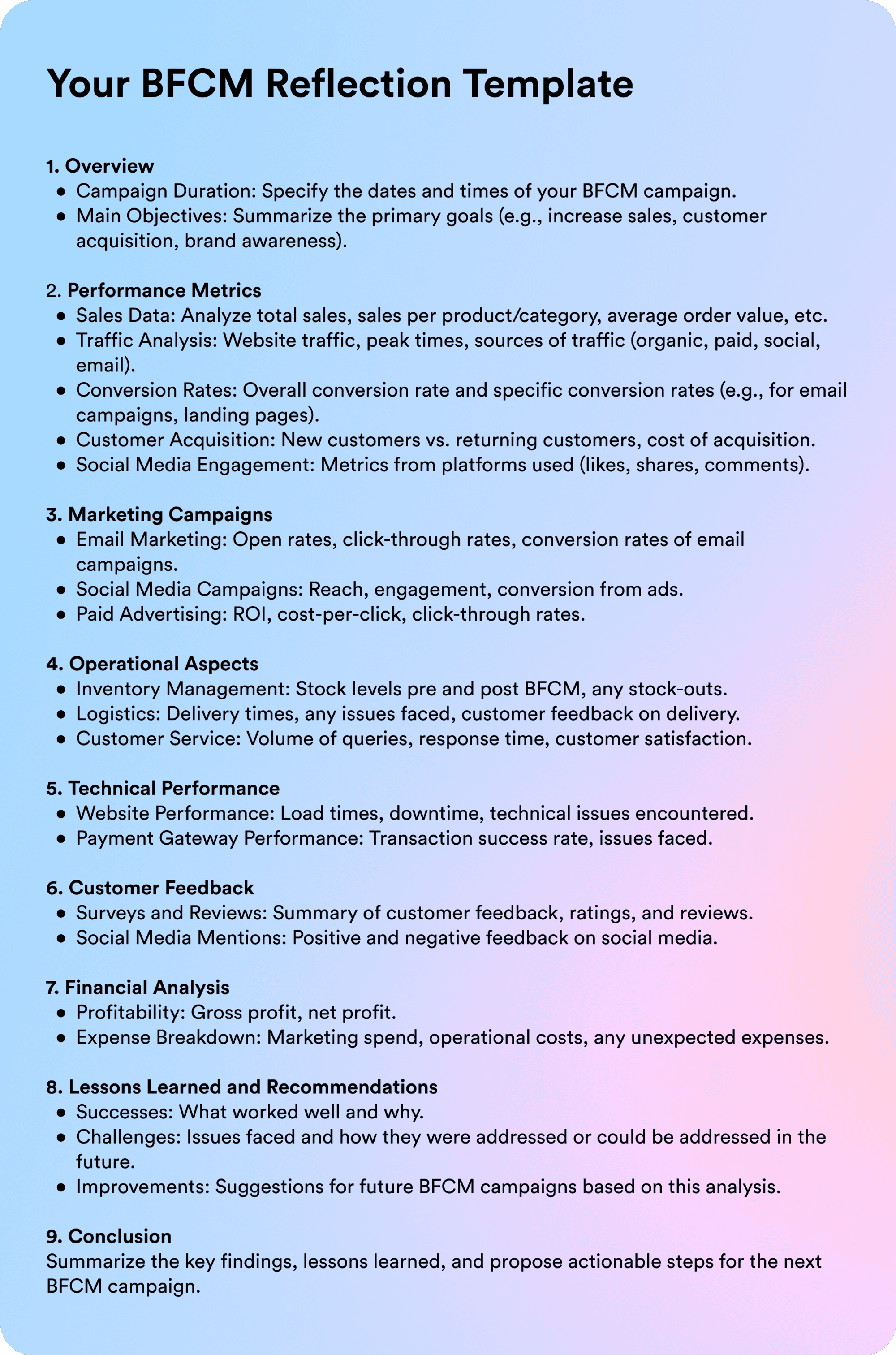 A complete BFCM reflection template that will work much better on Lark Docs for e-commerce teams to capture learnings and scale their business for greater success.